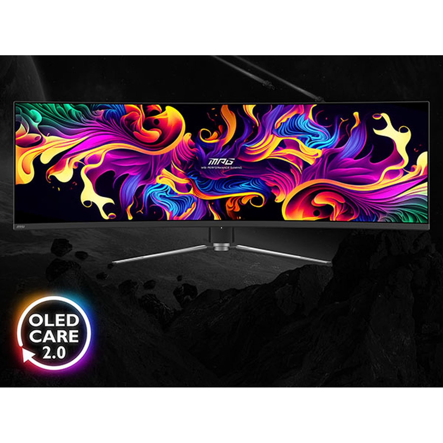 Un monitor curvo con un display astratto colorato. Il monitor è su un supporto e ha un logo 'OLED CARE 2.0'.
