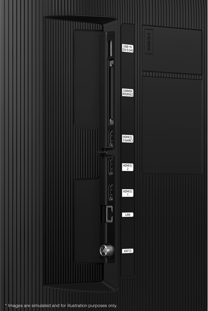 Pannello posteriore TV con porte: USB, HDMI, LAN, ANT. Superficie nera, strutturata.