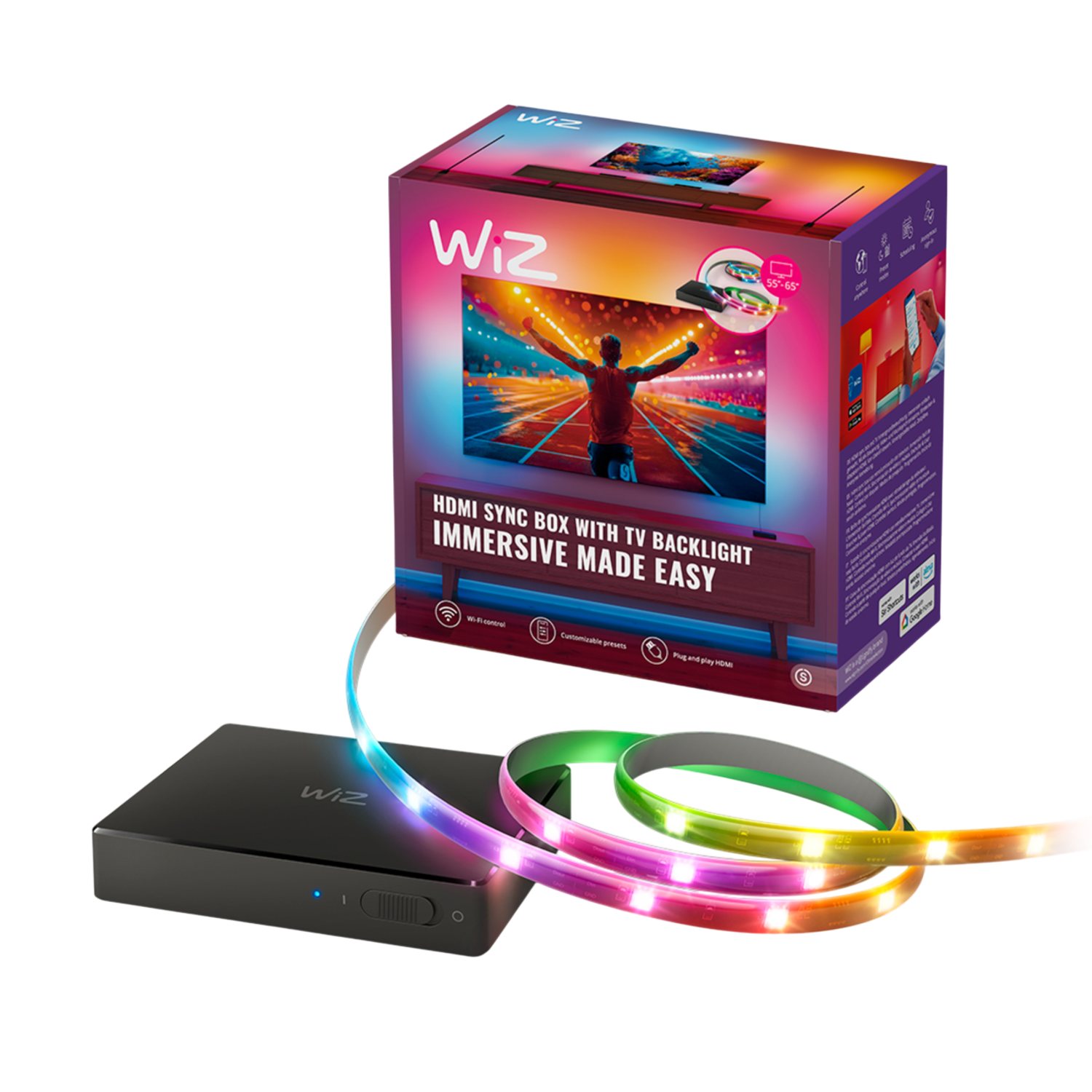 Wiz Hdmi sync Box Met Tv Verlichting - Entertainment Starterkit Inclusief Rgbic Led Strip Voor 55-65 Inch Tv's Slimme Ledstrip Zwart