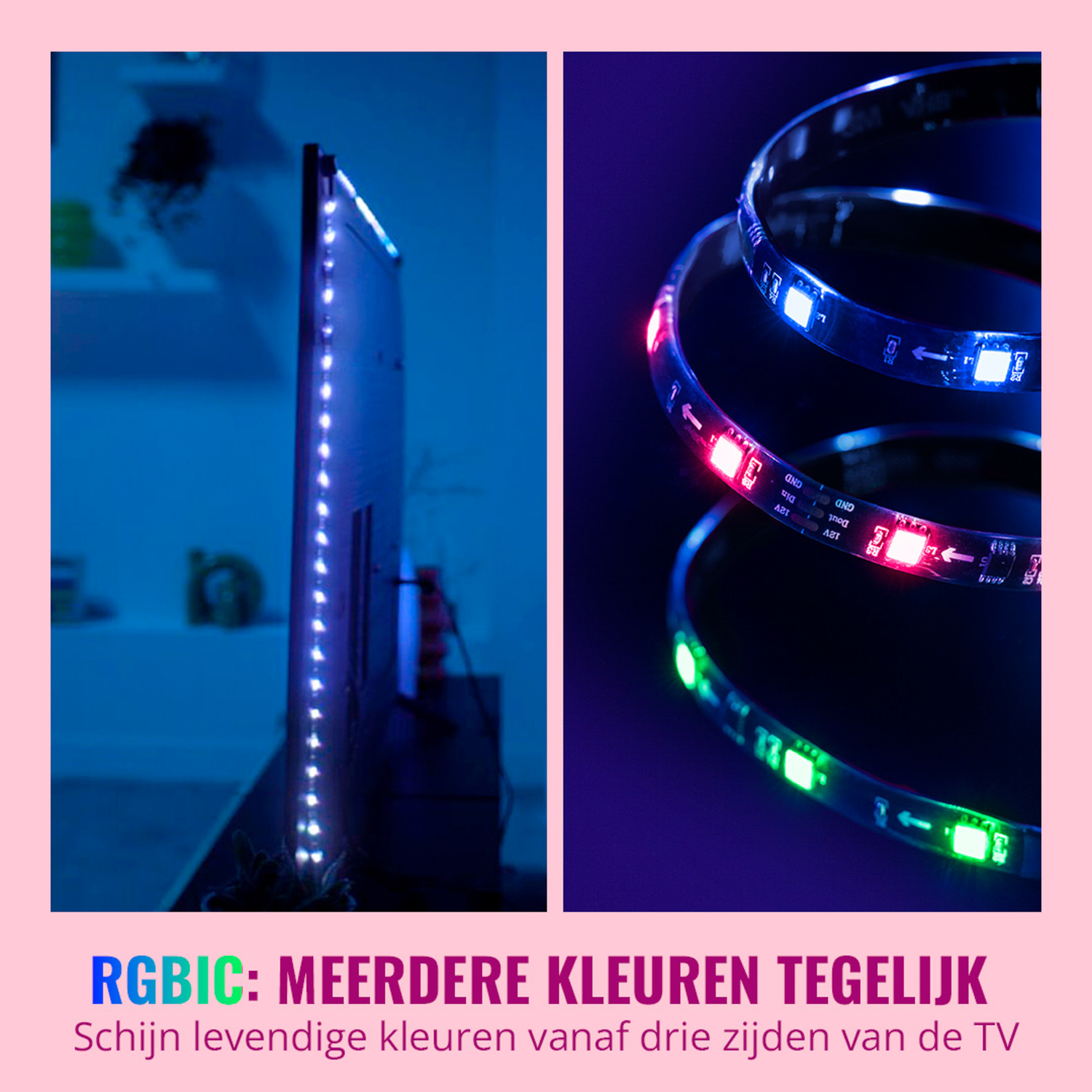 Two images: TV with side lights, and flexible LED strips. Lights are vibrant colors.