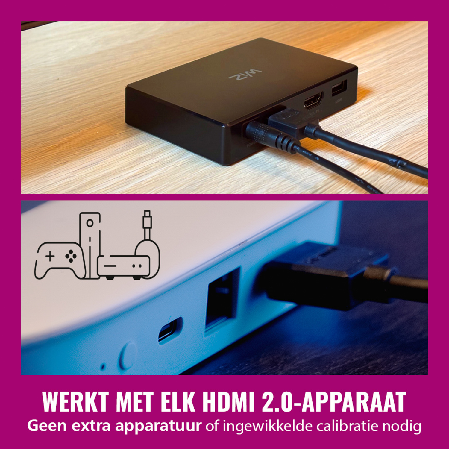 Black box with cables connected, and a diagram of a game console and a TV connection.