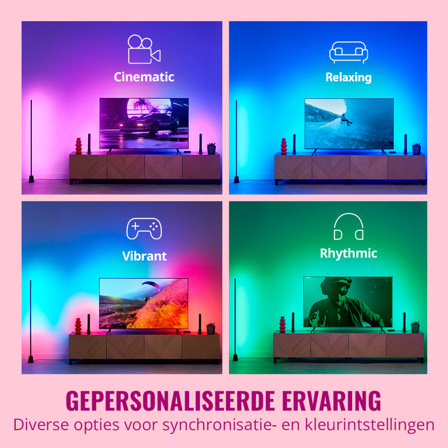 Four images showing different TV lighting setups. Different color schemes are shown.