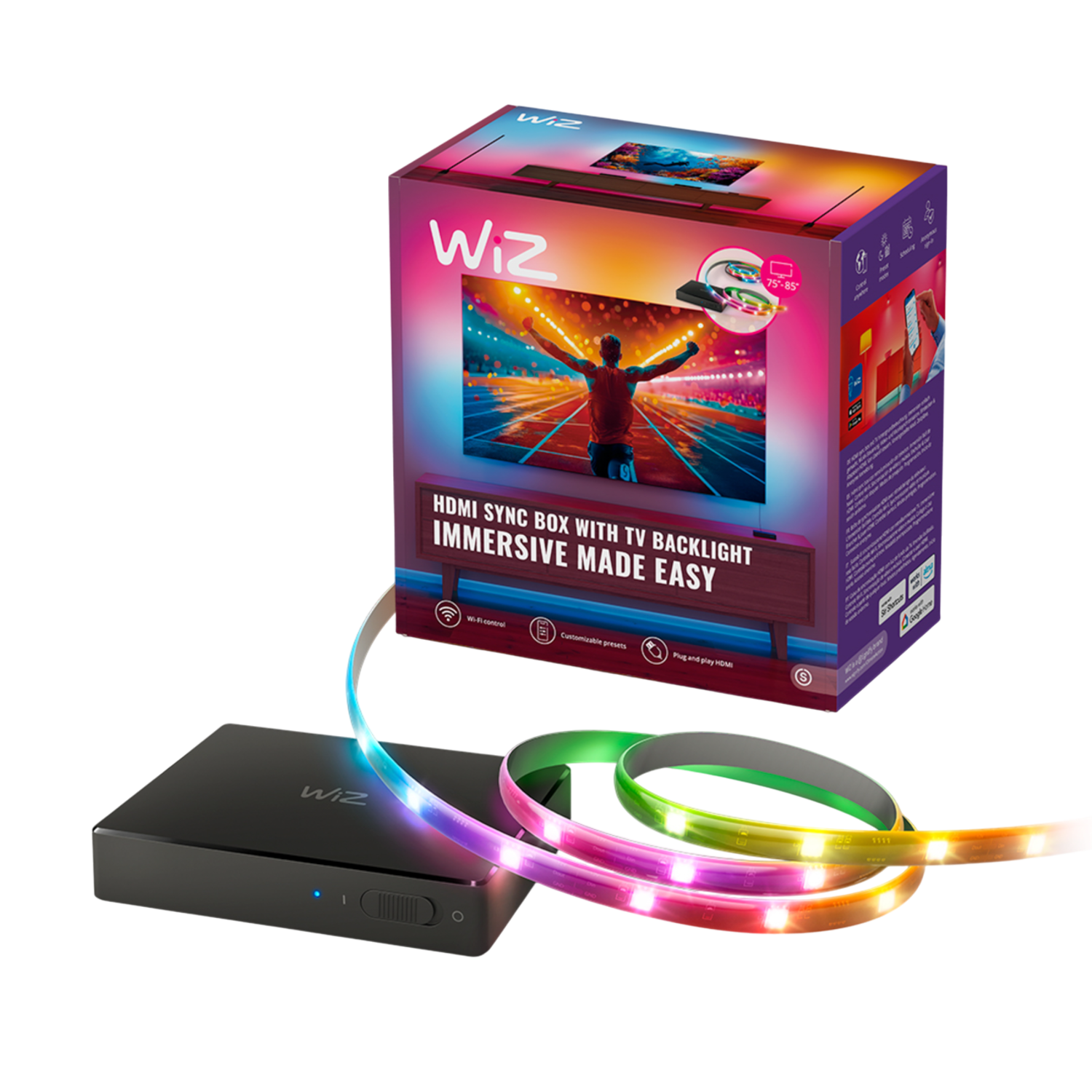 Wiz Hdmi sync Box Met Tv Verlichting - Entertainment Starterkit Inclusief Rgbic Led Strip Voor 75-85 Inch Tv's Slimme Ledstrip Zwart