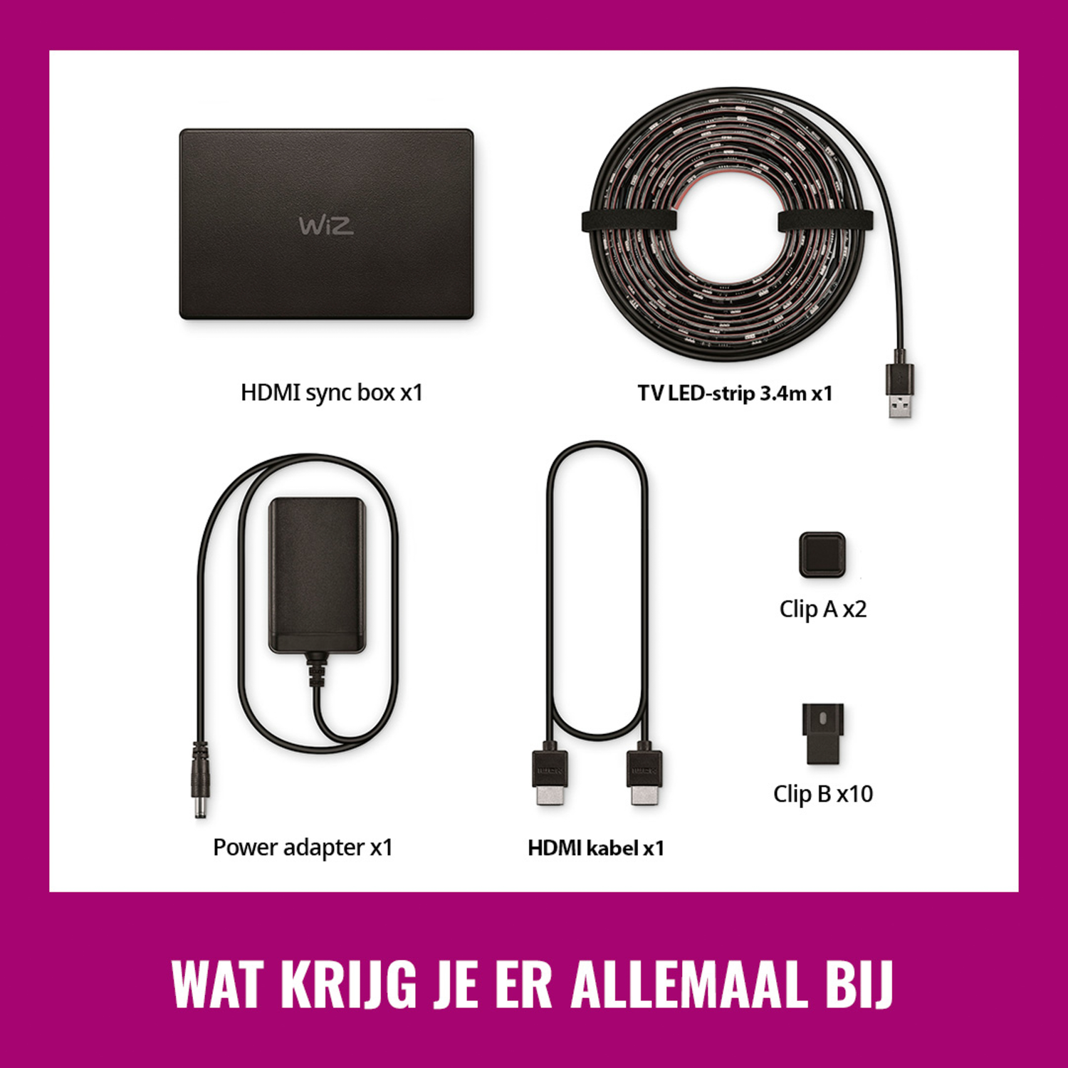Verschillende componenten: HDMI sync box, LED strip, voedingsadapter, HDMI-kabel en clips.
