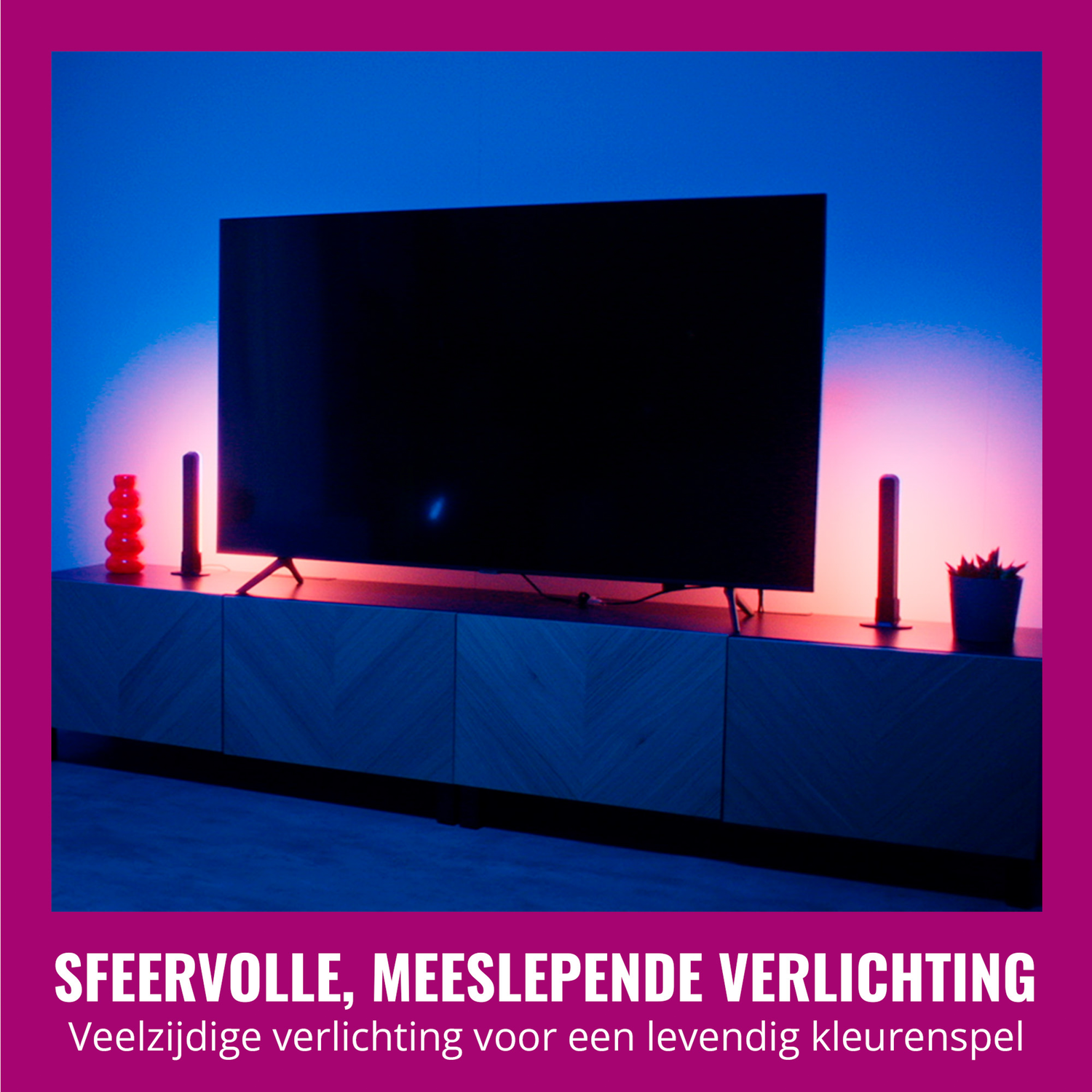 TV on a wooden cabinet with lights. The lights are above and below the TV.