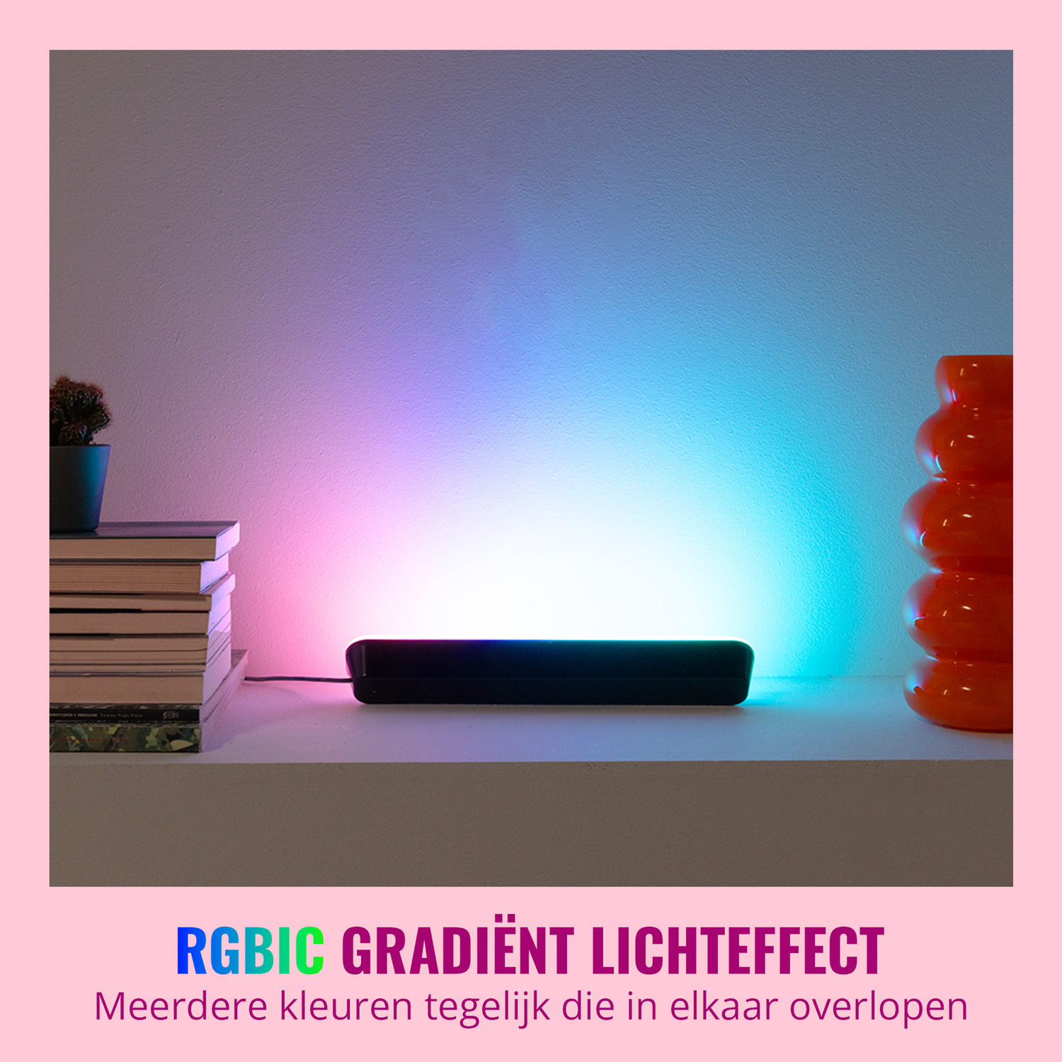 A shelf with books, a black light bar, and an orange vase. The wall has a gradient light.