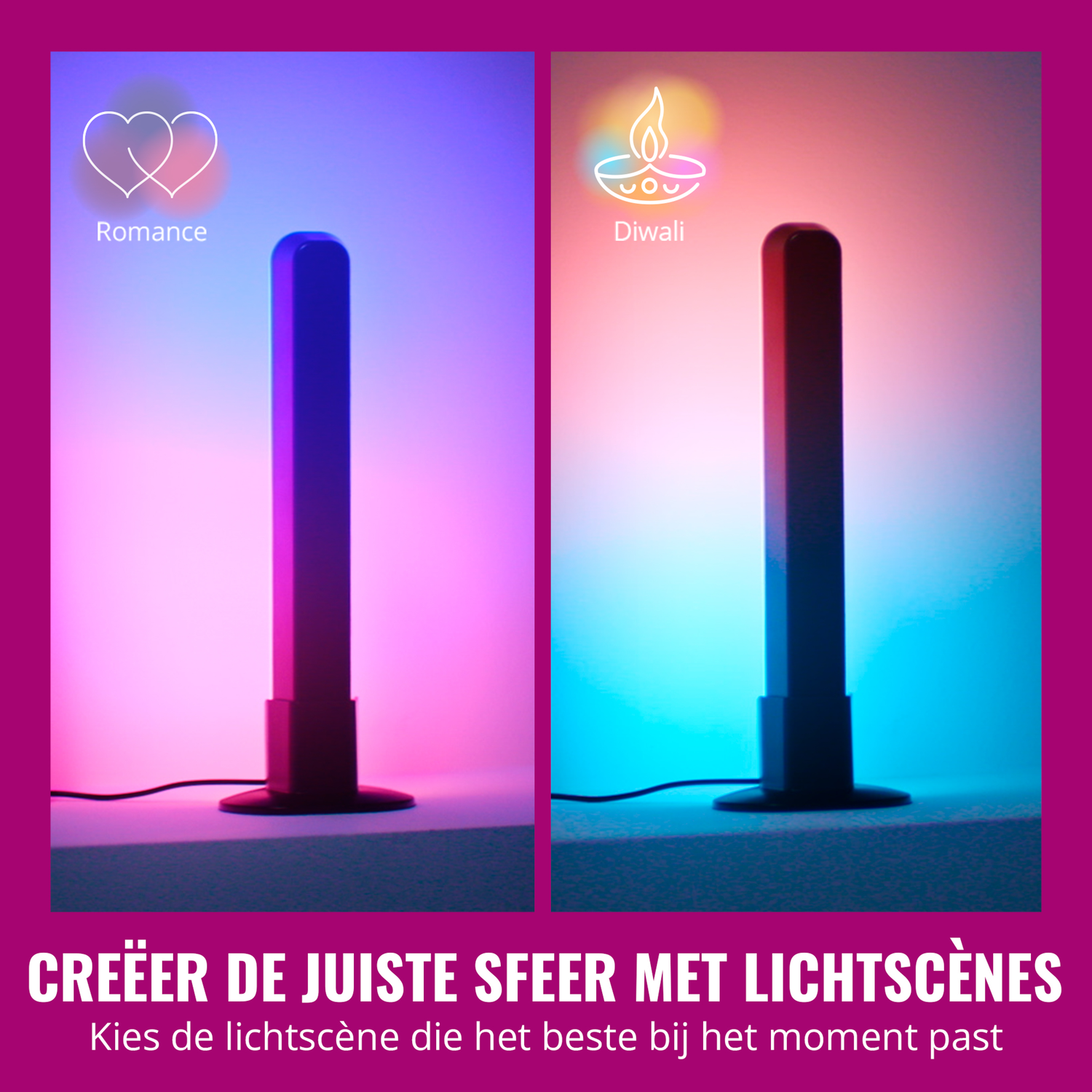 Two images with light bars. One shows a romance setting, the other a Diwali setting.