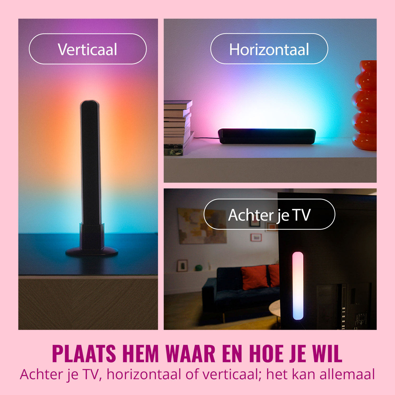 Three images showing the light bar vertically, horizontally, and behind a TV.