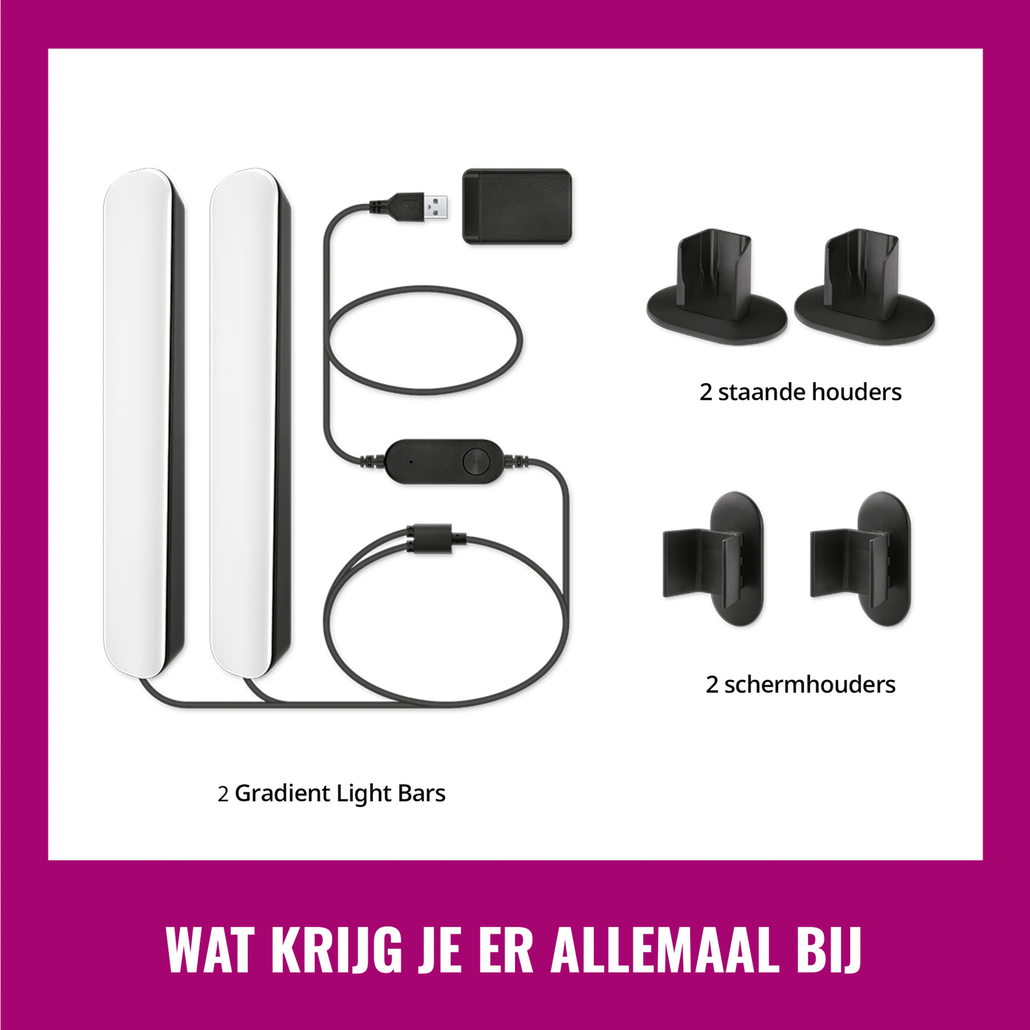 Two light bars and accessories: holders, clips, and a power adapter.