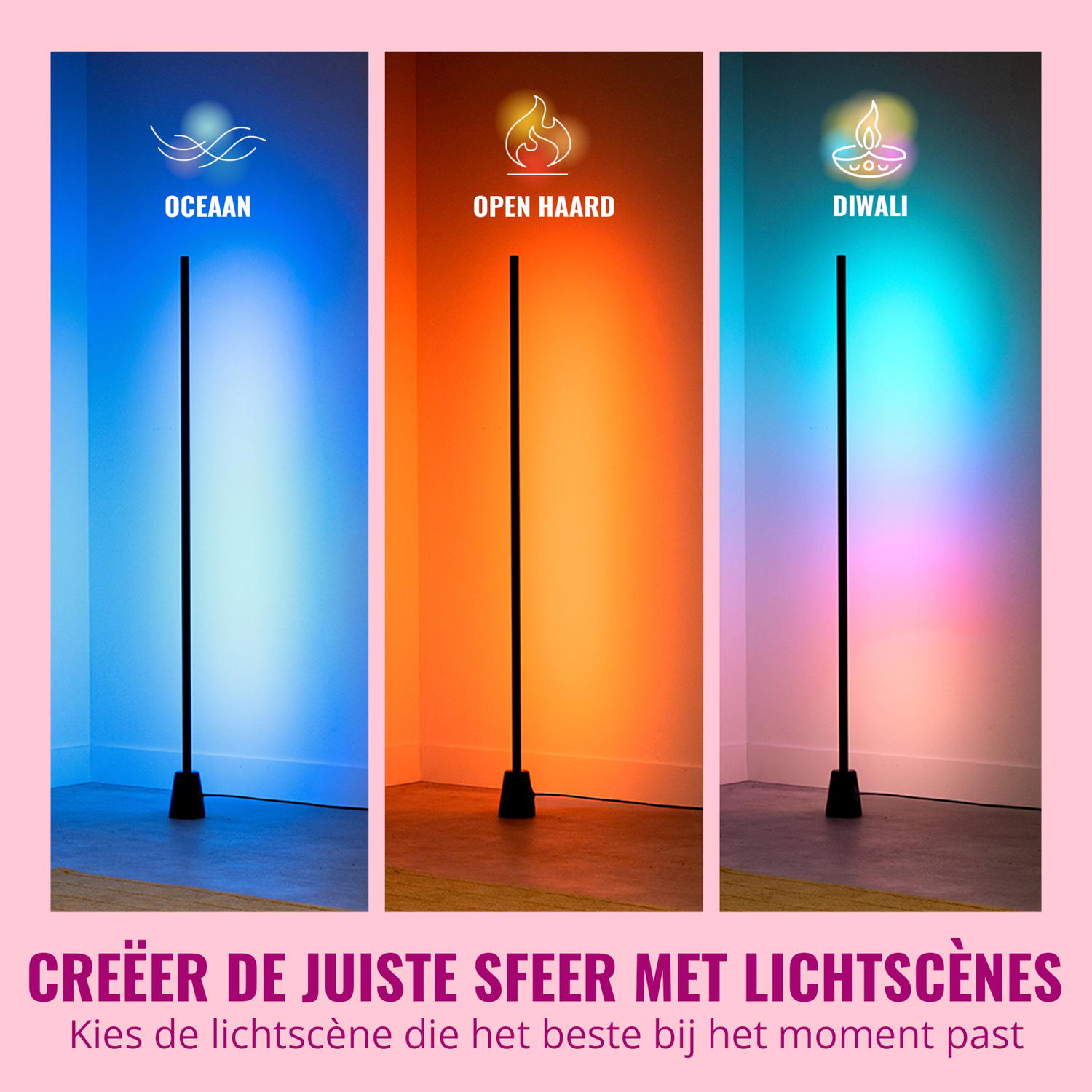 Drie afbeeldingen met een lichtbalk die verschillende kleurscènes tonen: oceaan, open haard en Diwali.