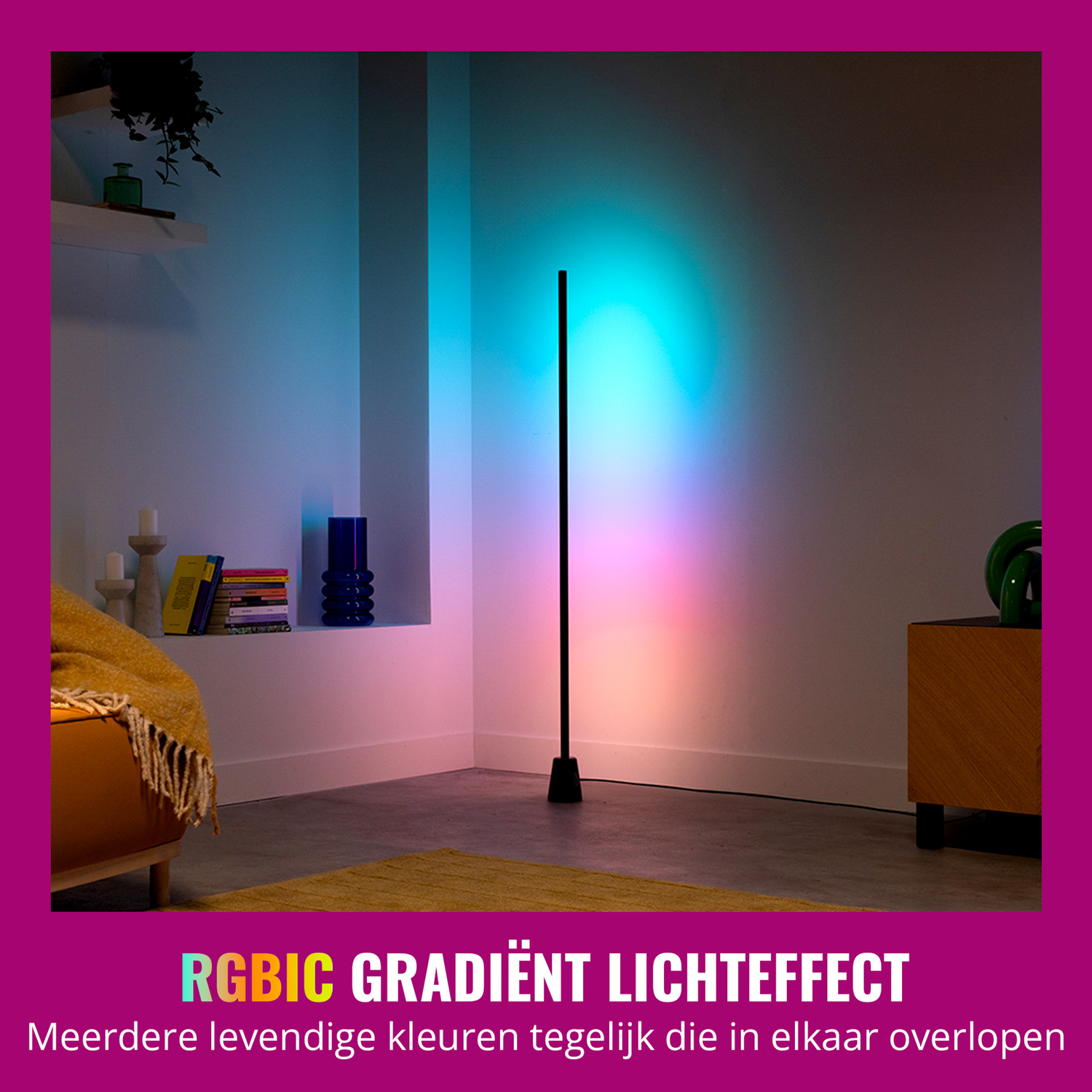 Een lange lichtbalk in een hoek met een kleurrijk verlopeffect.