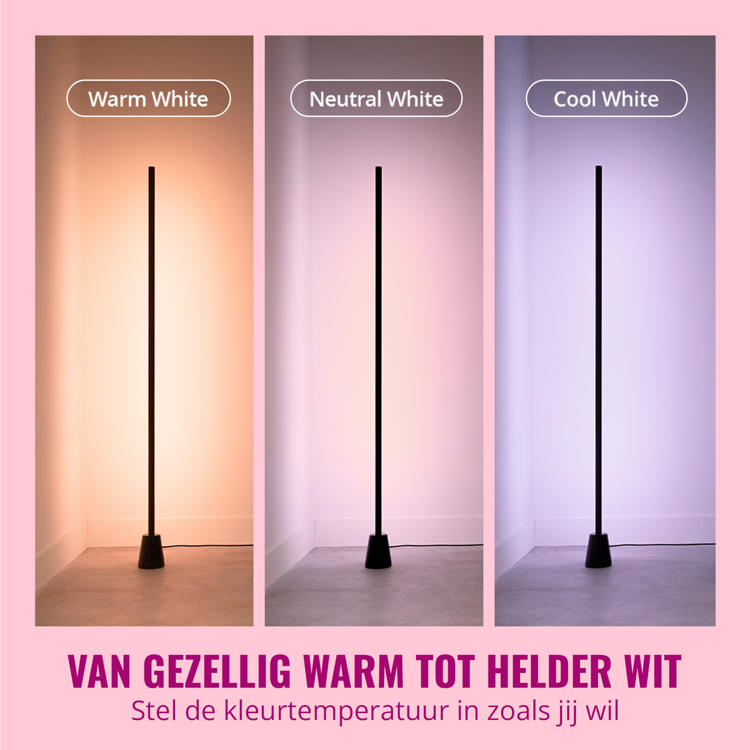 Drie lampen die kleurvariaties tonen: warm wit, neutraal wit en koel wit, met tekst onderaan.