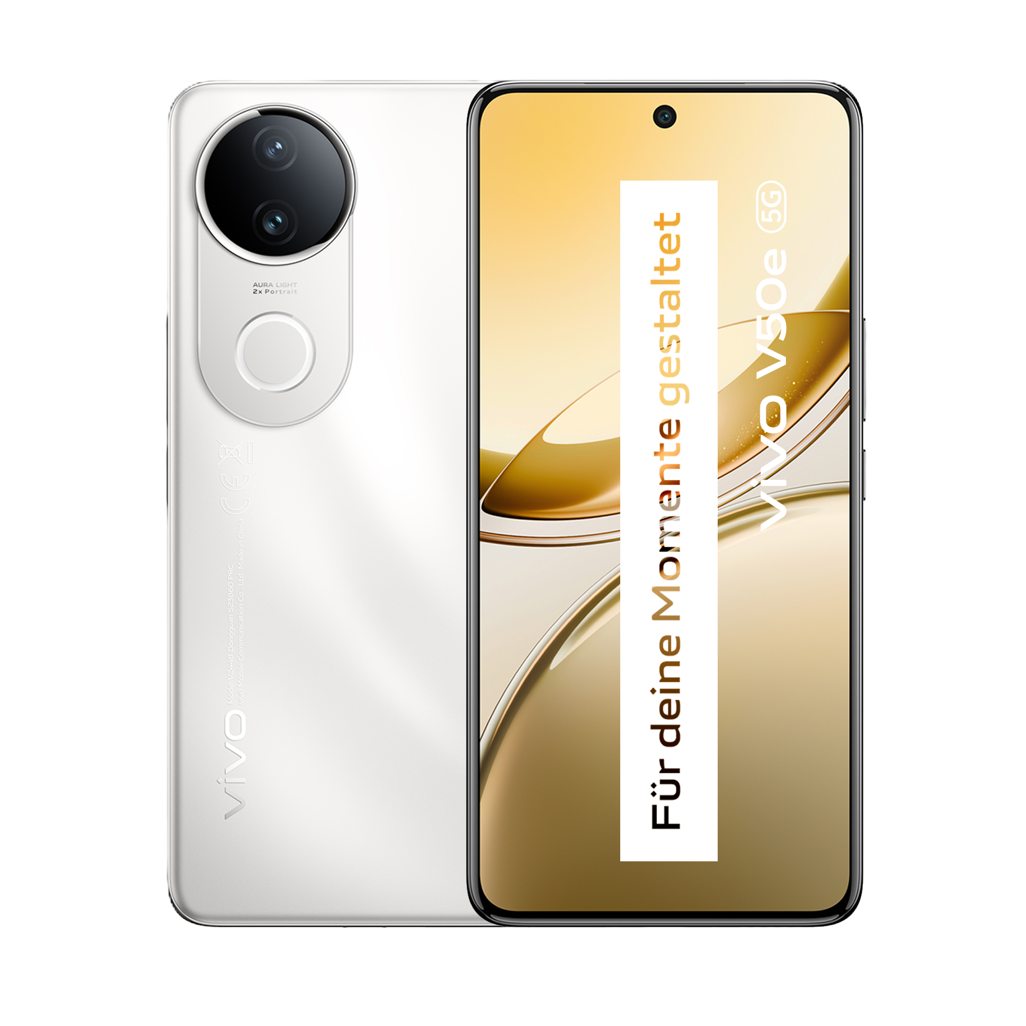 Weißes Smartphone zeigt Vorder- und Rückseite, Vivo V50e 5G.