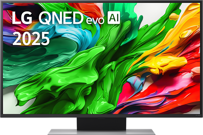 LG QNED evo AI 2025 TV, színes absztrakt festmény.