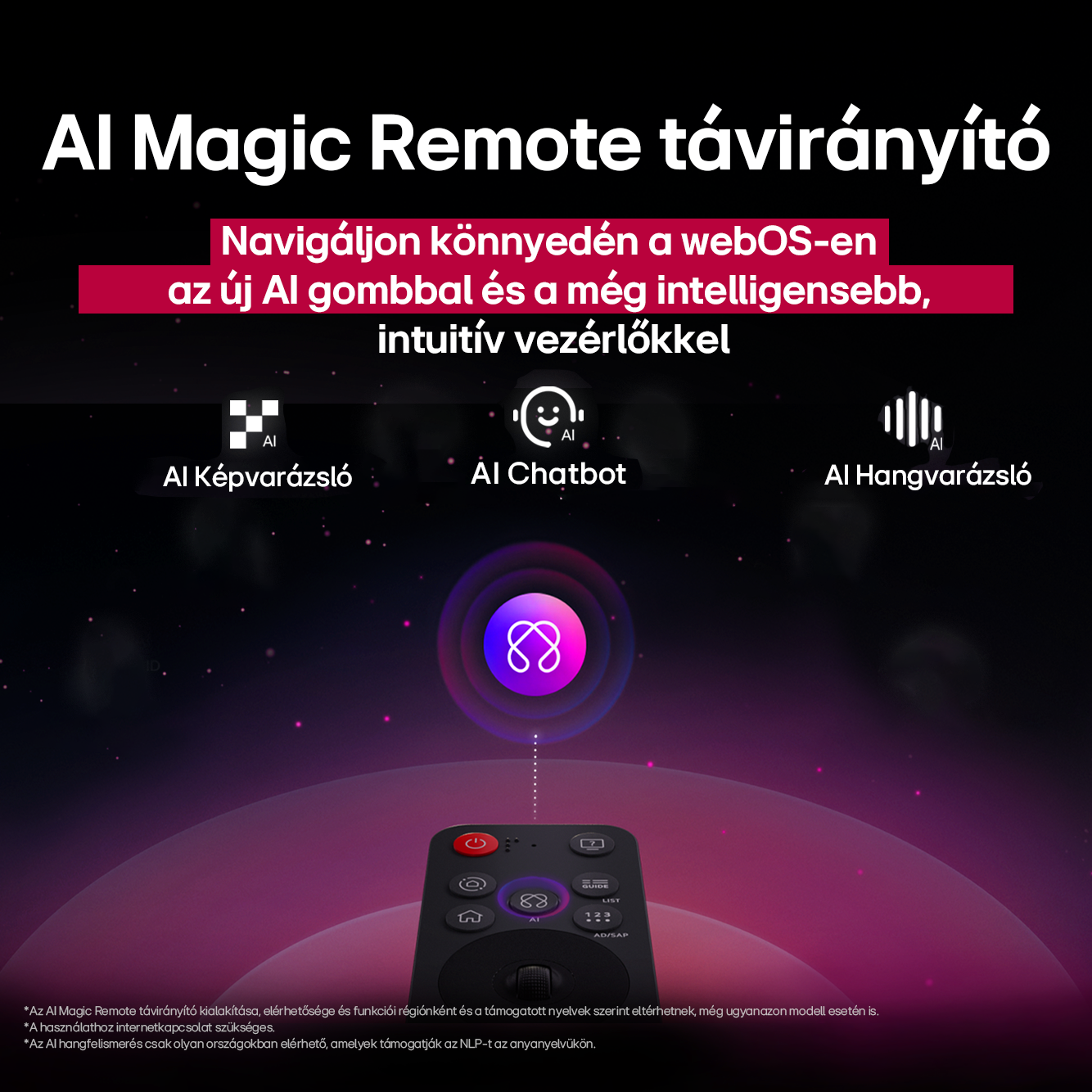 AI távirányító AI funkciók ikonjaival, beleértve a hangot, a chatbotot és a képfelismerést, sötét háttér előtt.