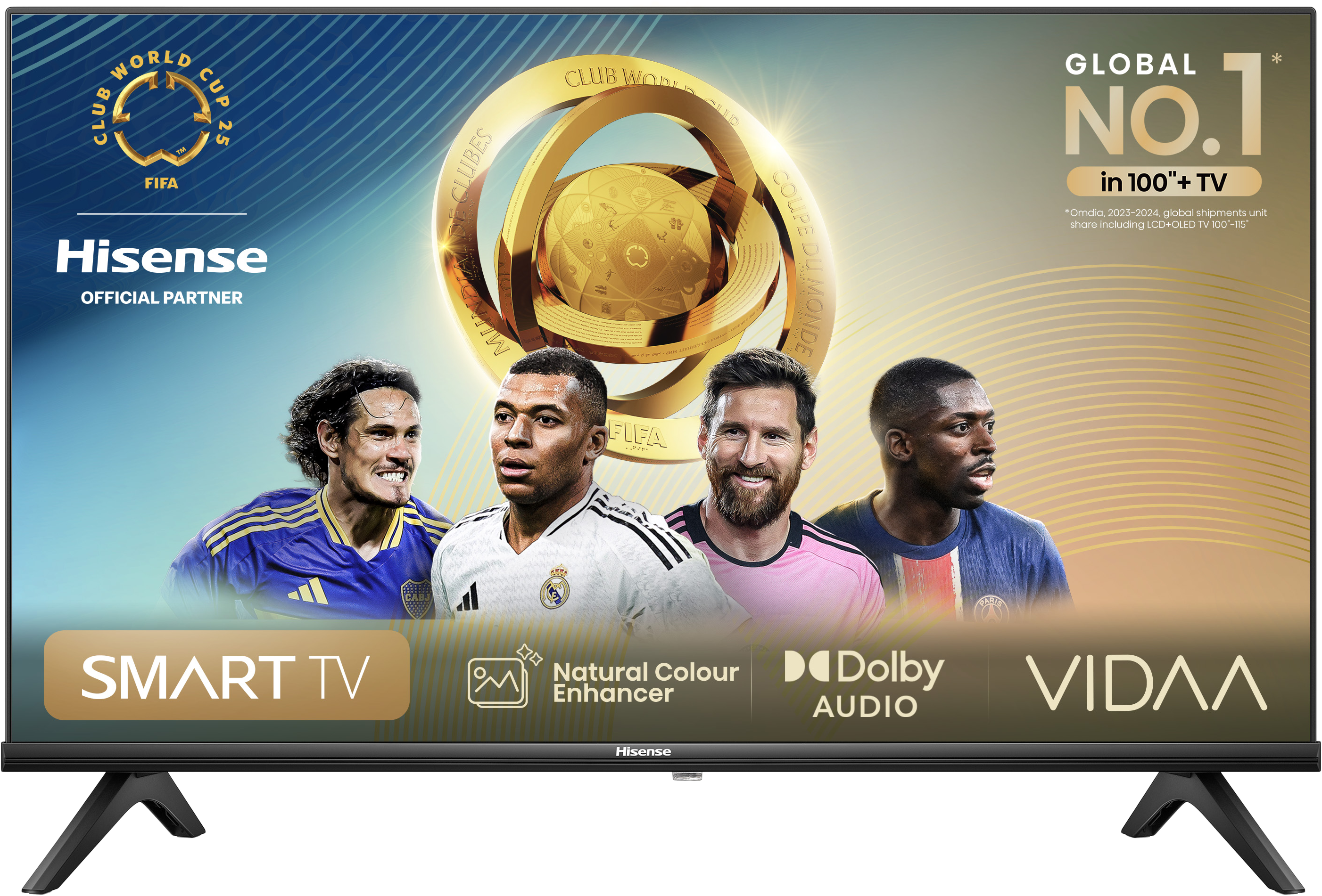 Egy Hisense TV, amely a FIFA World Cup logóját, focistákat és funkciókat jelenít meg.