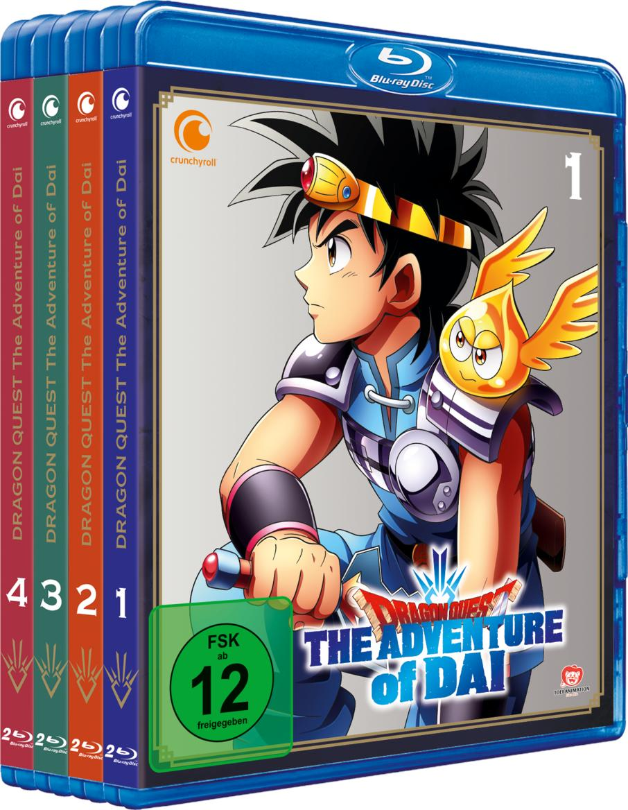 Box-Set: Dragon Quest Anime mit Held Dai. Bände 1-4. Blaue Hülle mit sichtbaren Buchrücken.