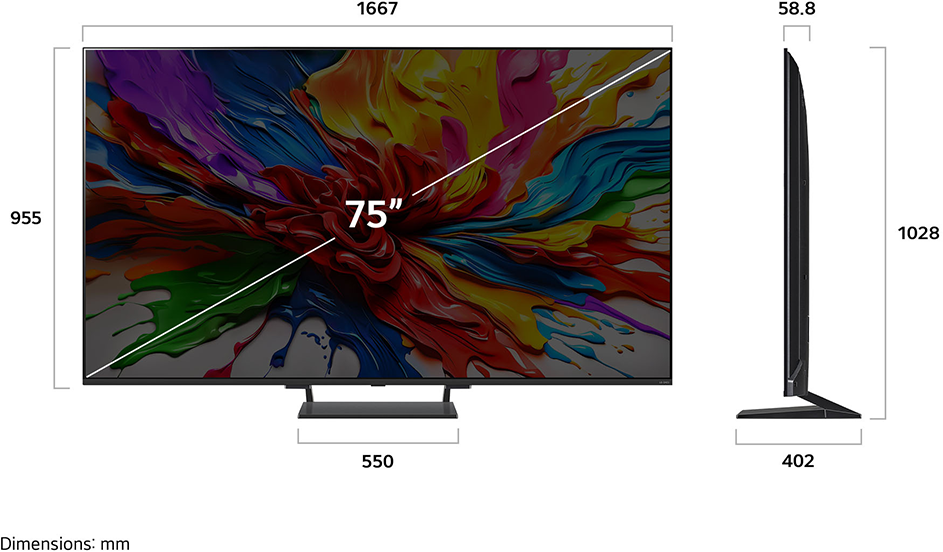 Diagram, amely egy 75 hüvelykes TV-t mutat méretekkel. A képernyő színes festéket jelenít meg.