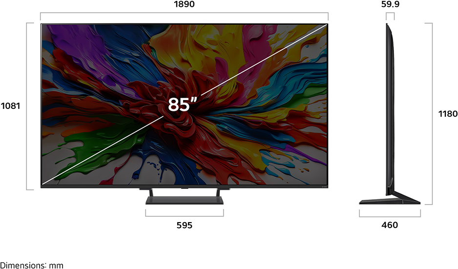 Egy 85 hüvelykes TV, méretekkel. A képernyő színes absztrakt képet mutat. Méretek mm-ben.