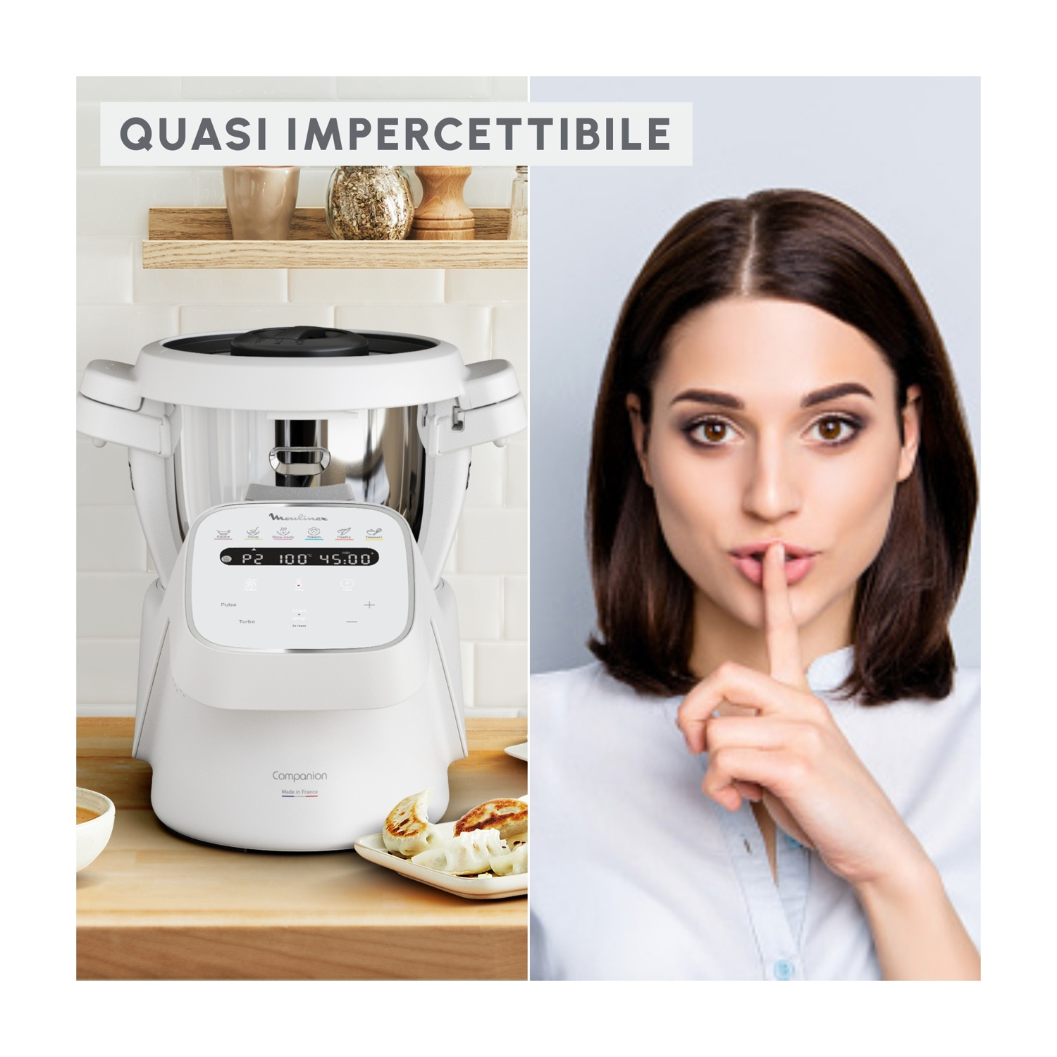 Un elettrodomestico da cucina bianco e una donna con un dito sulle labbra. Testo: 'Quasi impercettibile'.