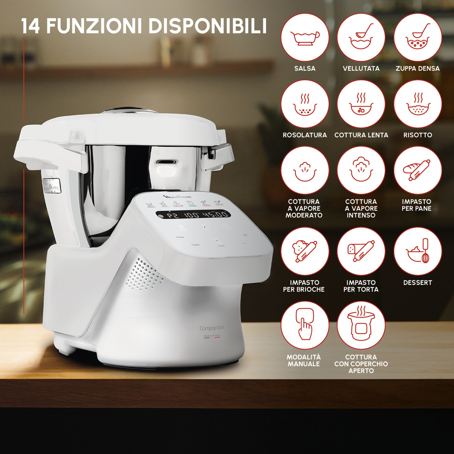 Robot da cucina Moulinex bianco con 14 funzioni disponibili e icone su superficie scura.