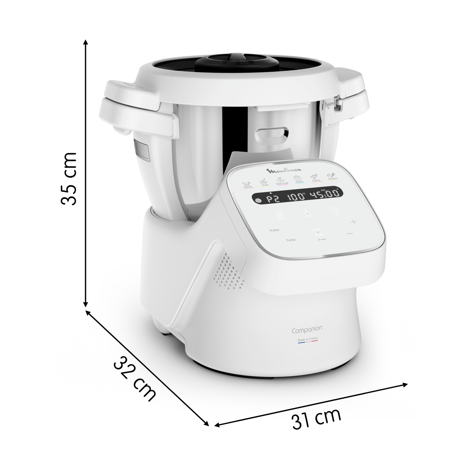 Elettrodomestico da cucina bianco con dimensioni: 35cm altezza, 32cm larghezza, 31cm profondità.