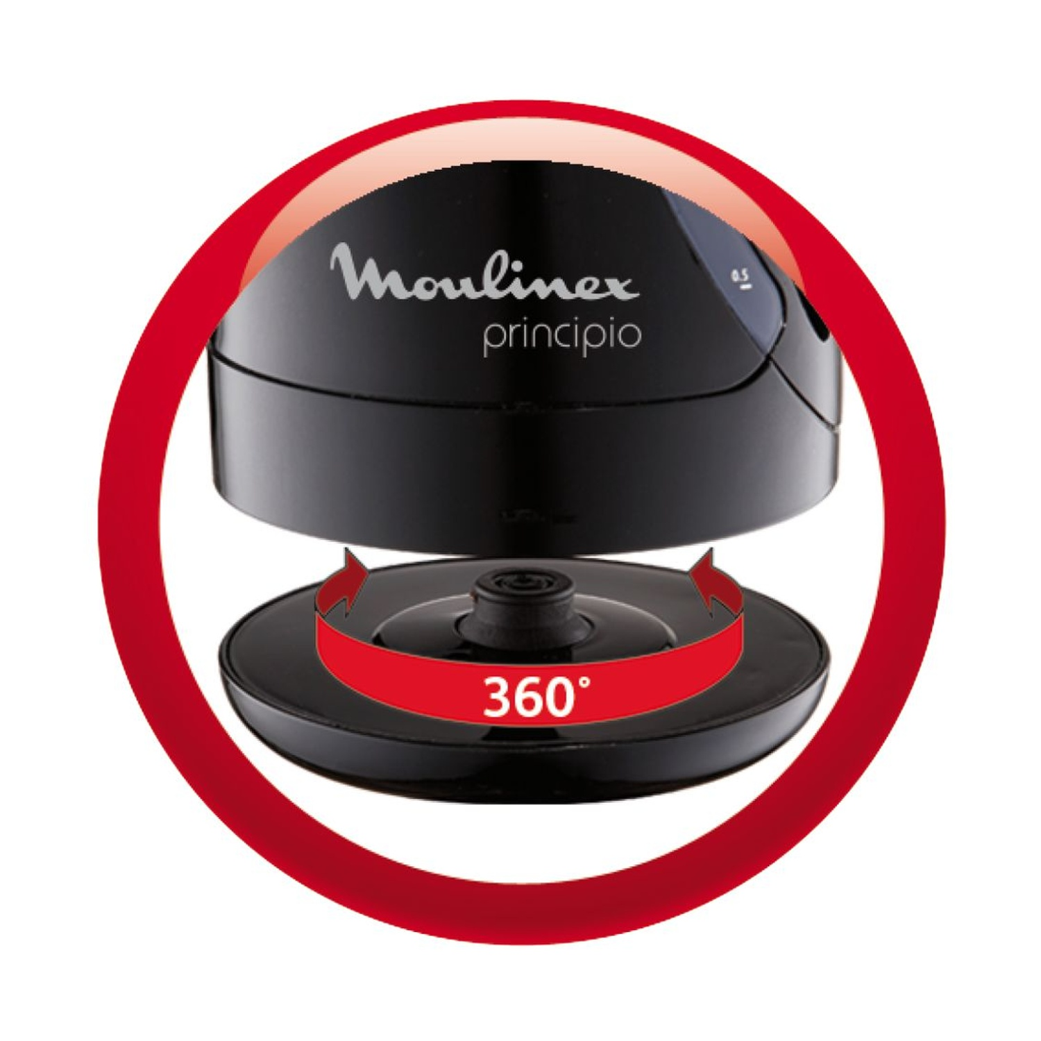 Base bollitore Moulinex, nero, con cerchio rosso che mostra rotazione a 360 gradi.