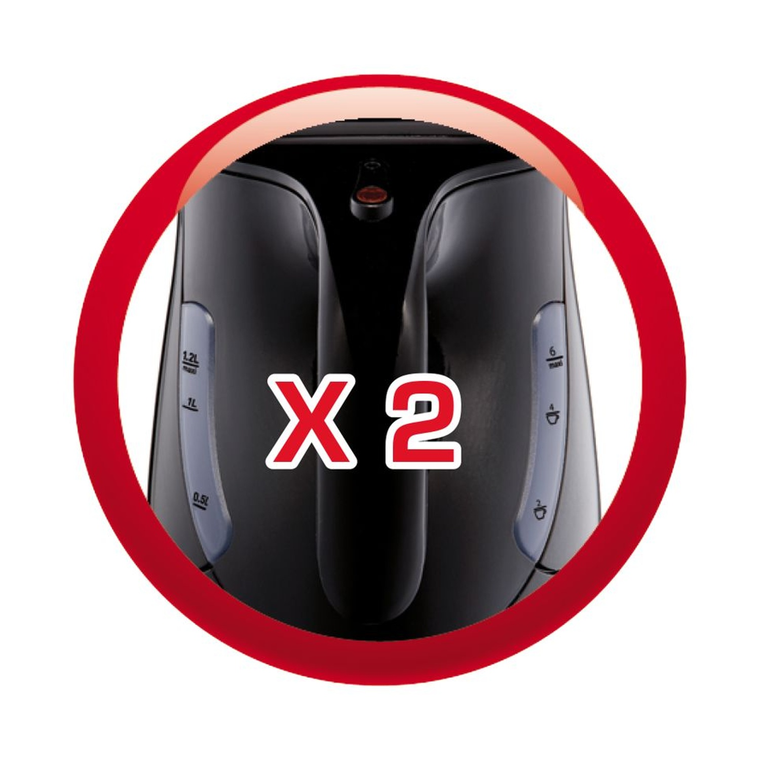 Bollitore Moulinex nero con indicatori livello acqua, X2 rosso al centro, cerchio rosso.
