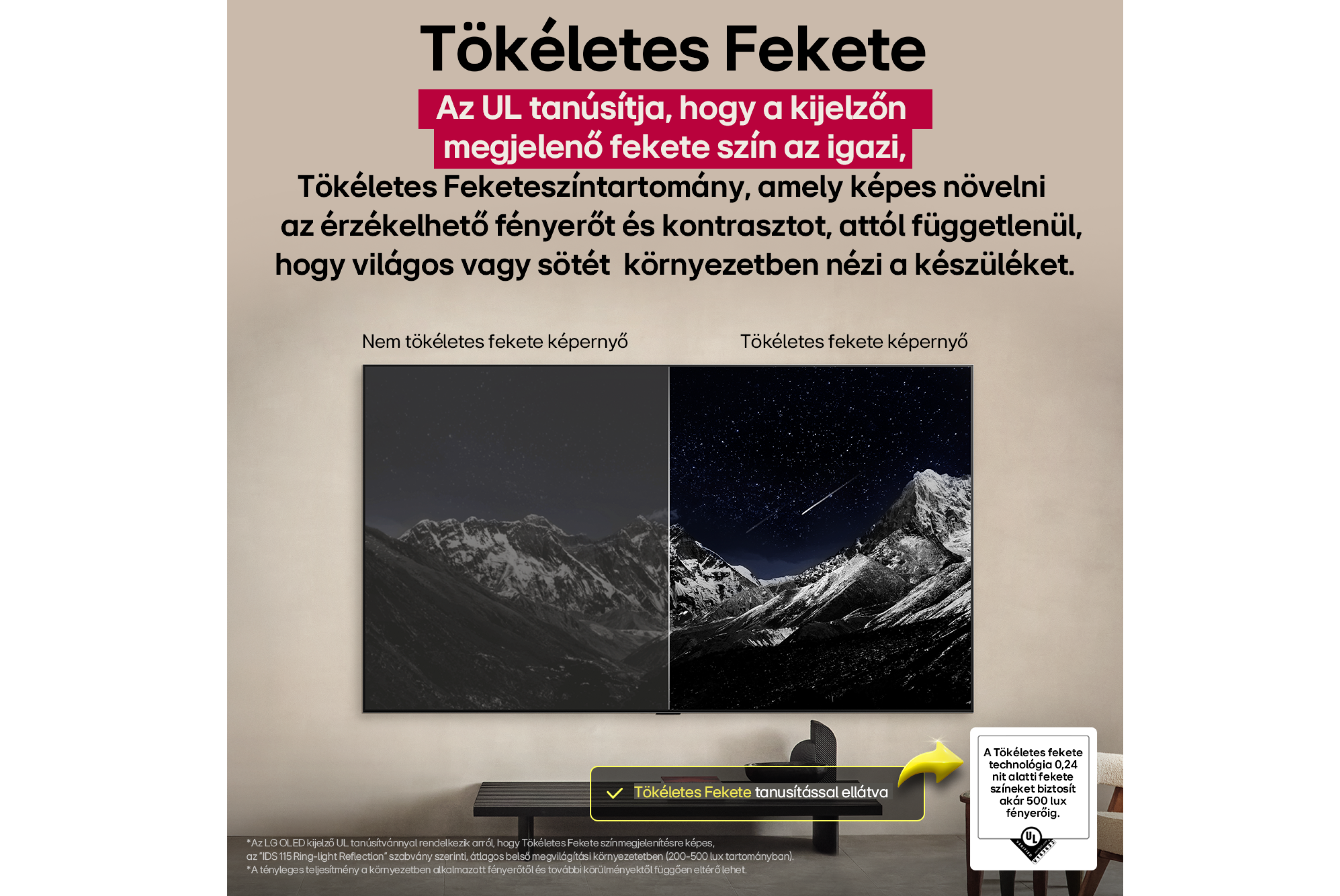 Két TV képminőségét hasonlítja össze. A bal oldali TV kevésbé tökéletes fekete képernyővel, a jobb tökéletes feketével rendelkezik.