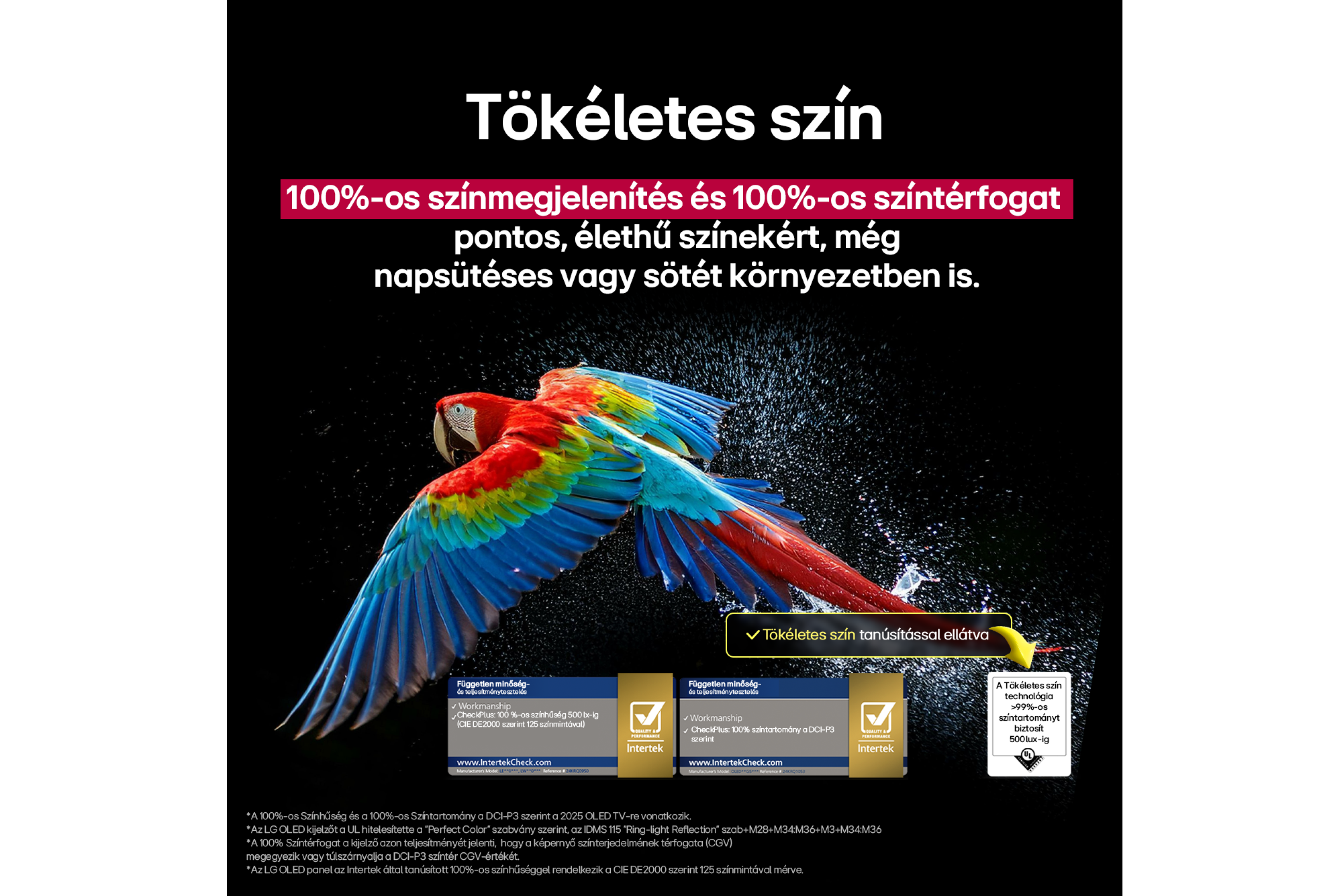 Egy színes papagáj repül fehér háttéren, logókkal, amelyek jelzik a színek pontosságát és a színtérfogatot.