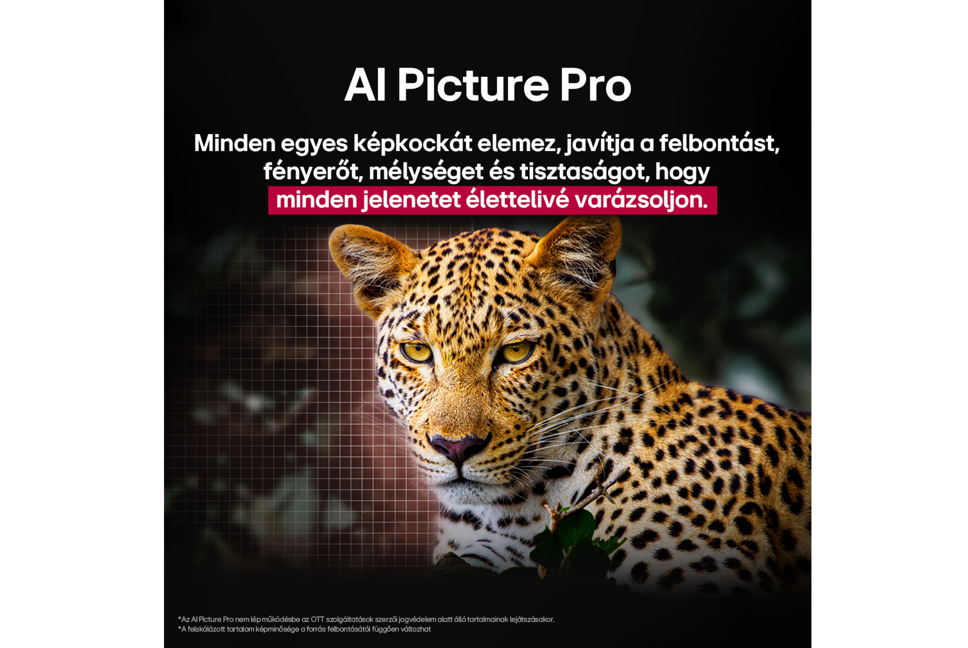 Egy leopárd arca előtérben, elmosódott háttérrel. A kép az AI Picture Pro-t mutatja be.