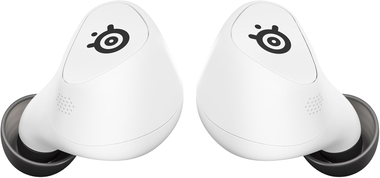 Két fehér fülhallgató fekete füldugóval, mindegyiken SteelSeries logó.