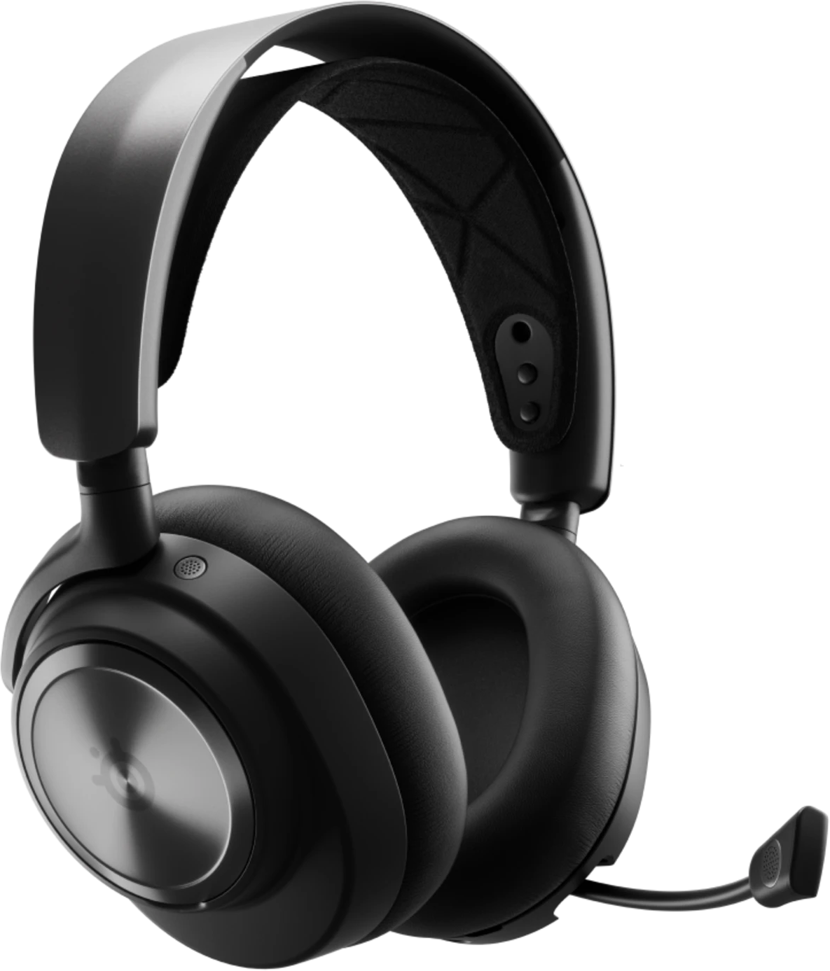 Fekete fejhallgató mikrofonnal. A fejhallgató over-ear, fém logóval a fülkagylón.