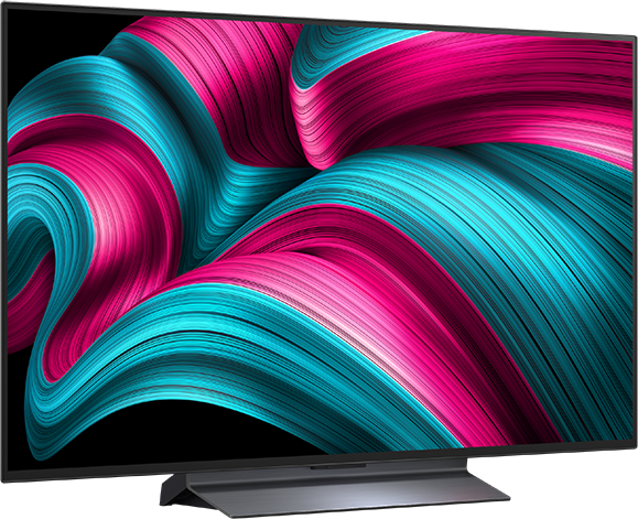 Egy modern TV képernyő, amely egy színes, absztrakt dizájnt jelenít meg rózsaszínnel és kékkel.