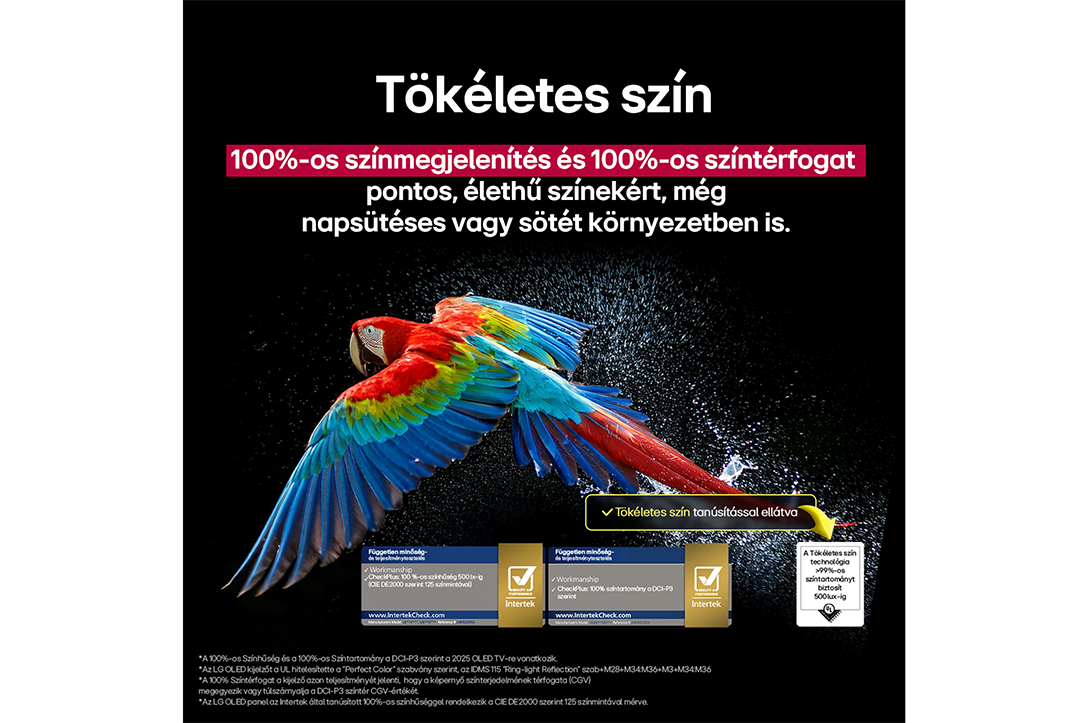 TV-képernyő egy vibráló arával és szöveggel, amely 100%-os színtérfogatot és színhűséget hirdet.