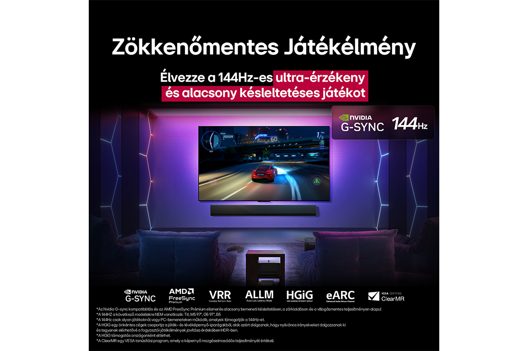 TV-képernyő egy autóverseny játékkal, szöveggel a zökkenőmentes játékról és az alacsony késleltetésről.