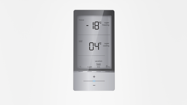 Dijital bir panel, dondurma için -18°C ve soğutma için 04°C gösteriyor. Çeşitli simgeler ve düğmeler mevcut.