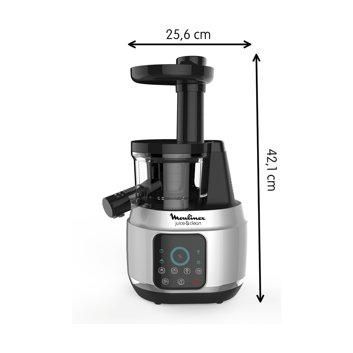 Un estrattore con dimensioni 25,6 cm di larghezza e 42,1 cm di altezza, con display digitale.