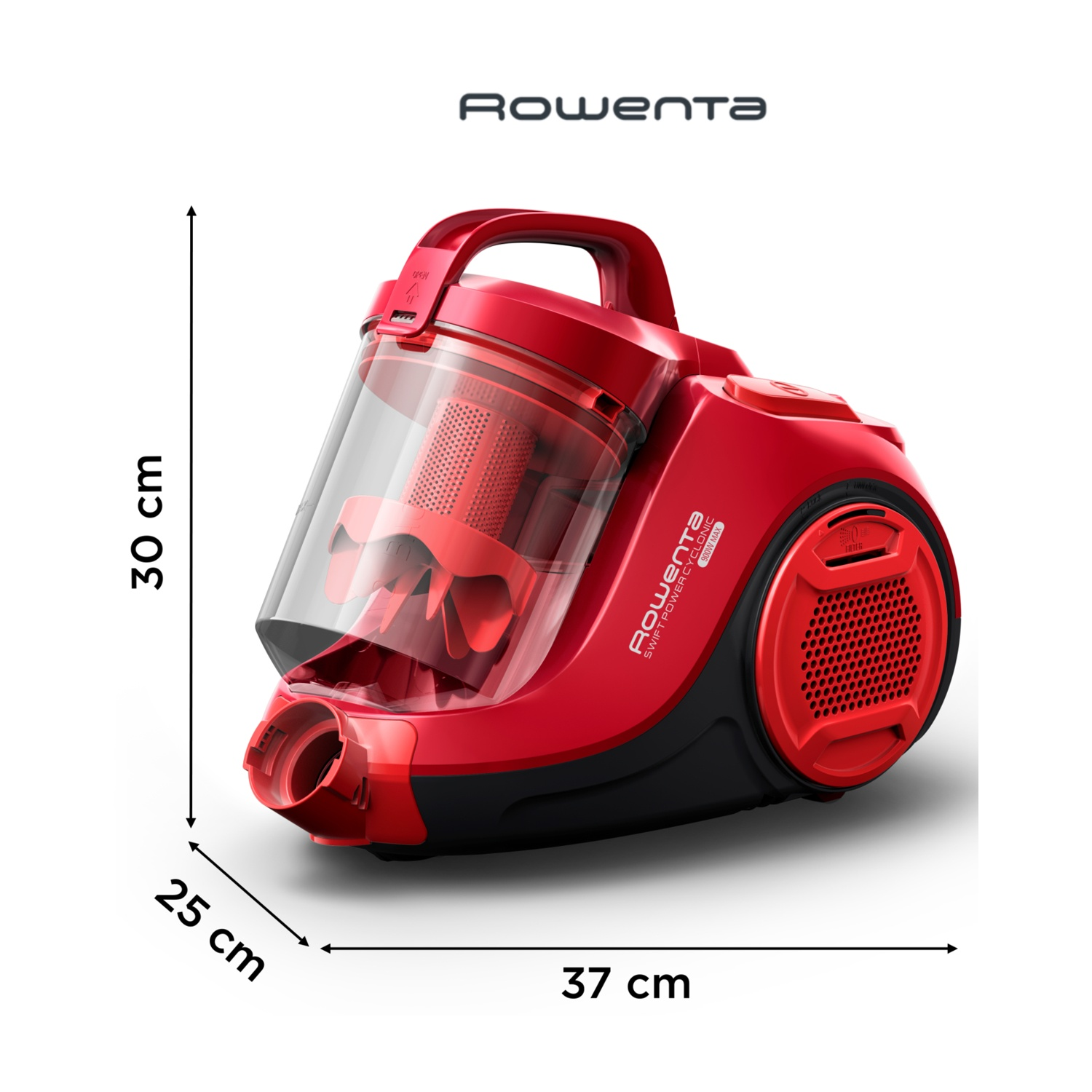 Un aspirapolvere rosso, dimensioni: 30 cm altezza, 25 cm larghezza e 37 cm lunghezza, su bianco.