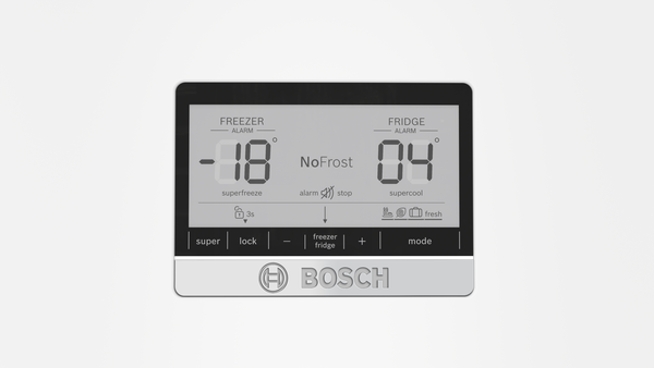 Bosch logosu ile dondurucu ve buzdolabı sıcaklıklarını gösteren buzdolabı kontrol paneli.