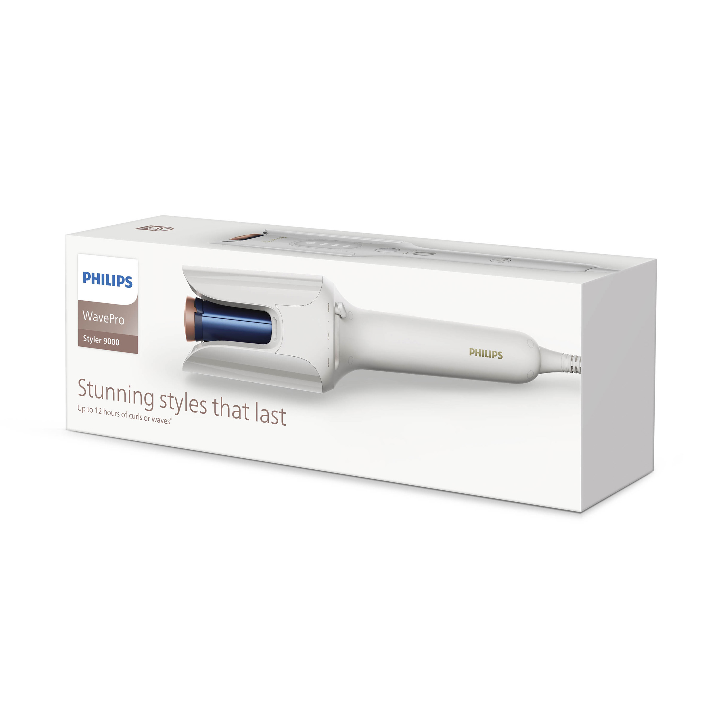 Lokówka w białym pudełku. Pudełko zawiera tekst WavePro i Stunning styles that last.