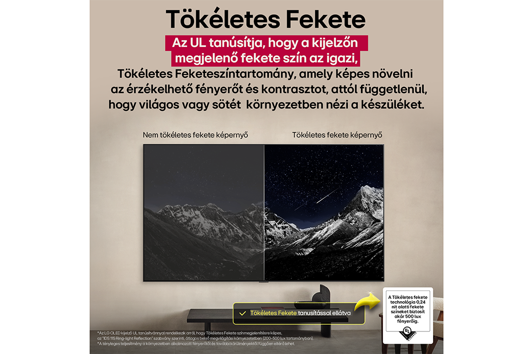 TV-képernyők összehasonlítása: az egyik rossz feketeszinttel, a másik tökéletes feketékkel. Szöveg: Tökéletes fekete.