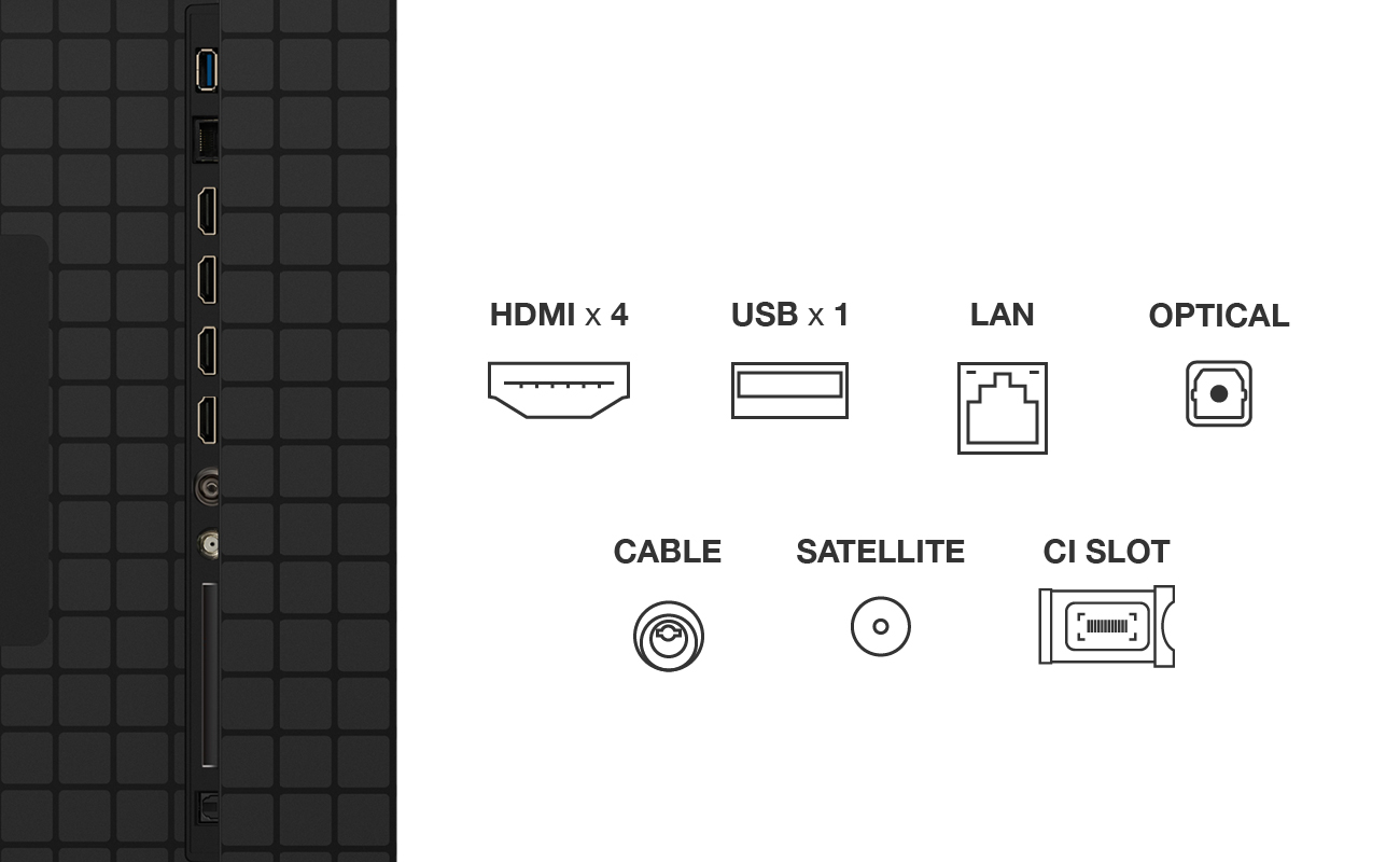 Nahaufnahme der TV-Anschlüsse: HDMI x4, USB x1, LAN, Optisch, Kabel, Satellit und CI-Steckplatz, mit Symbolen.