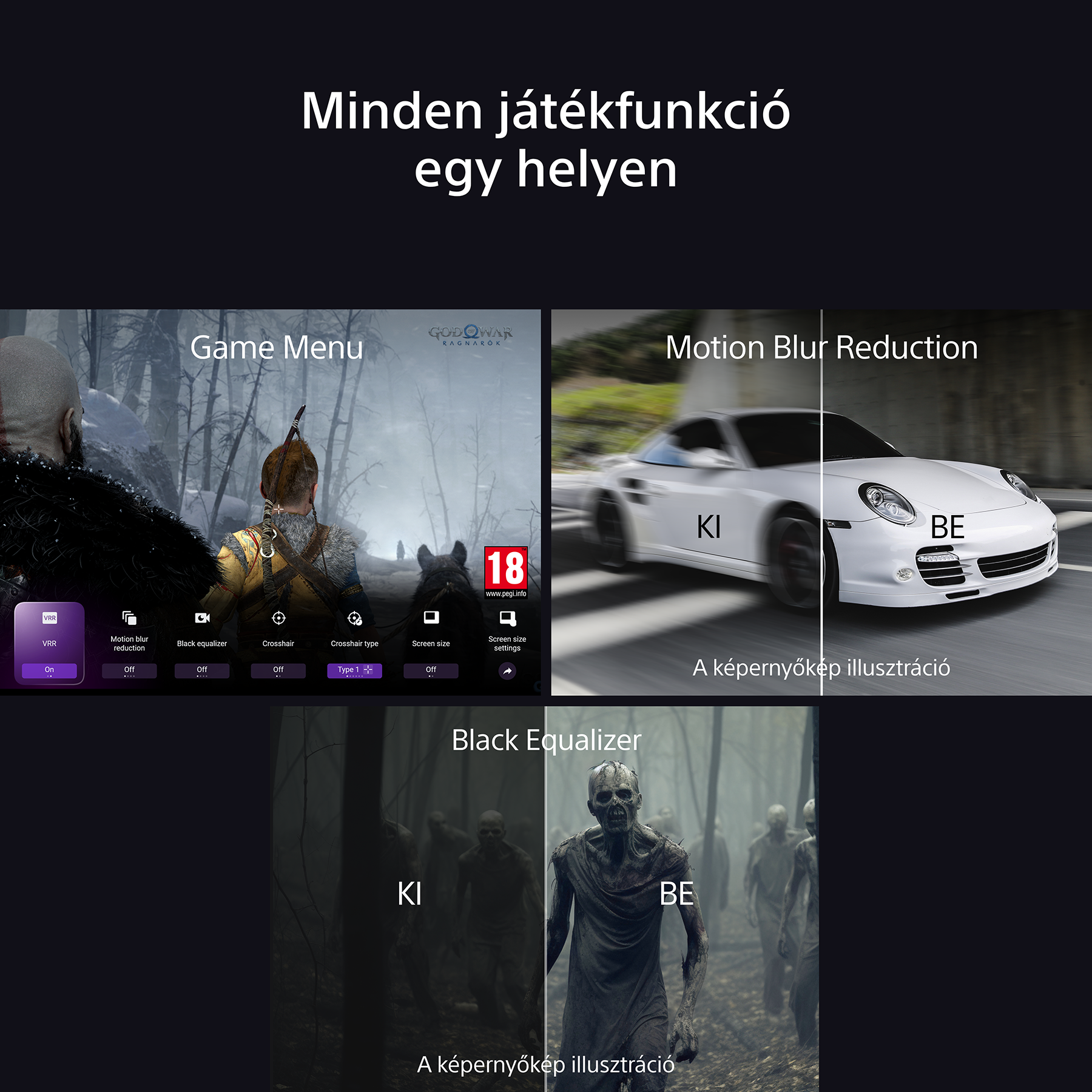 TV képernyő játékmenüvel, autóval és zombikkal. A szöveg 'Gaming'.