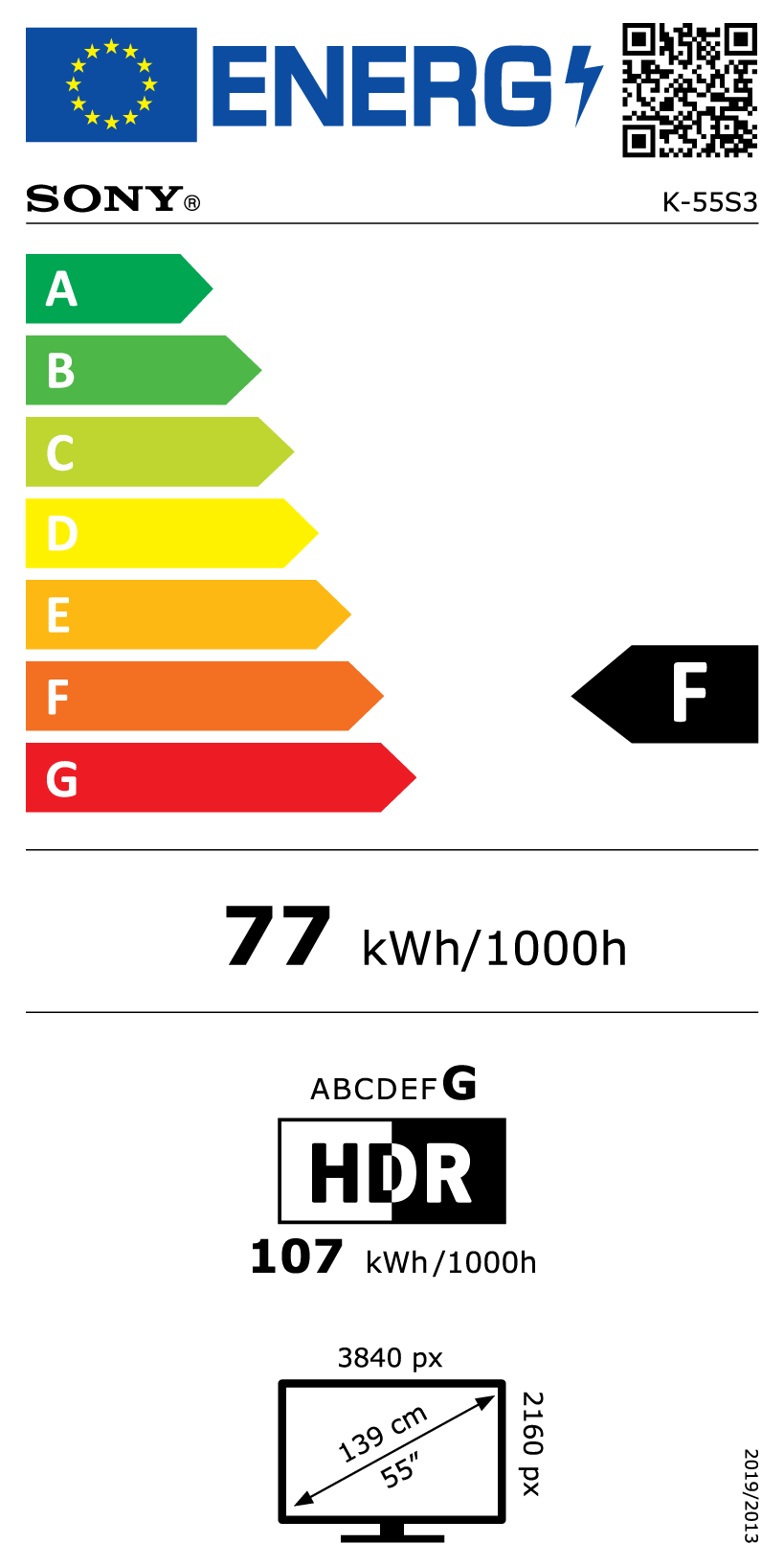 Energia címke egy TV-hez, F energiaosztállyal.