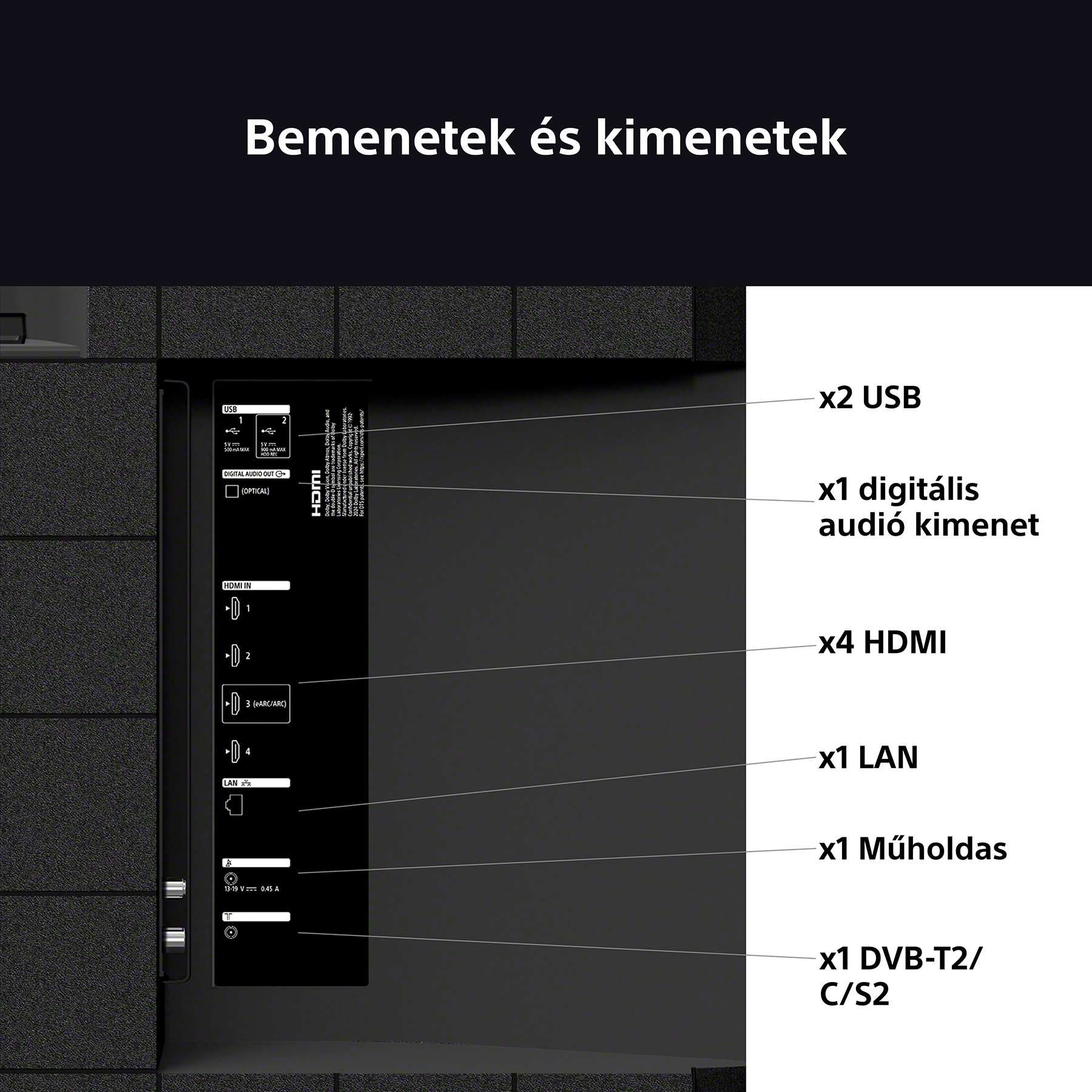 Közelkép a TV bemenetekről és kimenetekről, feliratozva.