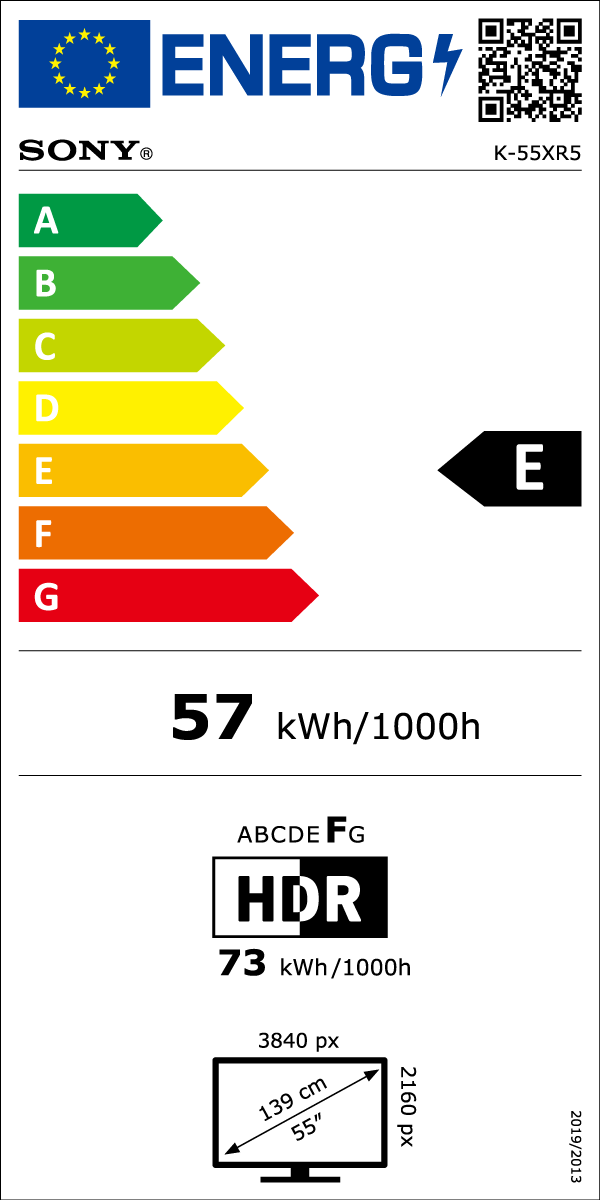 Energia címke egy 55 colos Sony TV-hez, E energiahatékonysági osztályt mutat, energiafogyasztási adatokkal.