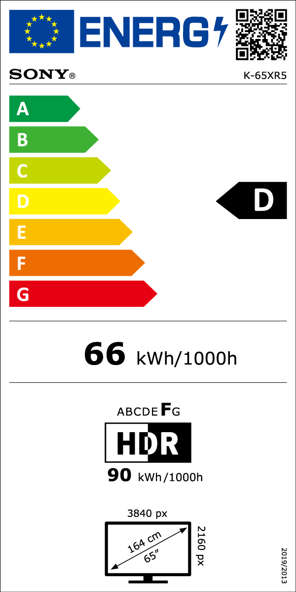 Energia címke egy TV-hez, amely D energiahatékonysági osztályát mutatja.