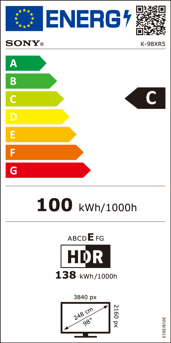 Energia címke egy 98 colos Sony TV-hez, C energiahatékonysági osztályt mutat, energiafogyasztási adatokkal.