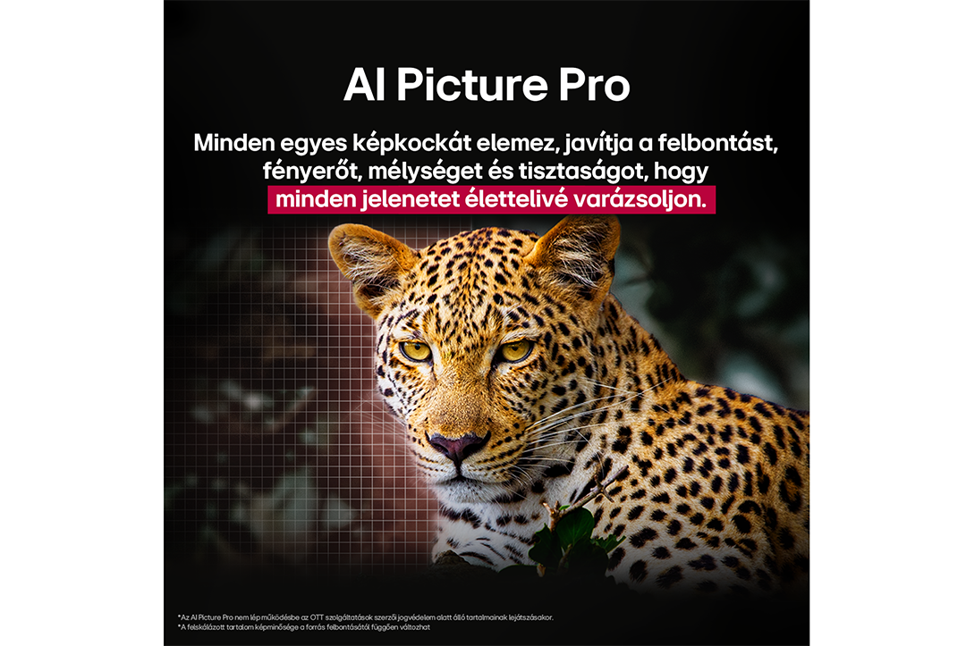 Egy leopárd arca az AI Picture Pro-ról szóló szöveggel és egy elmosódott háttérrel. Rácsvonalak balra.